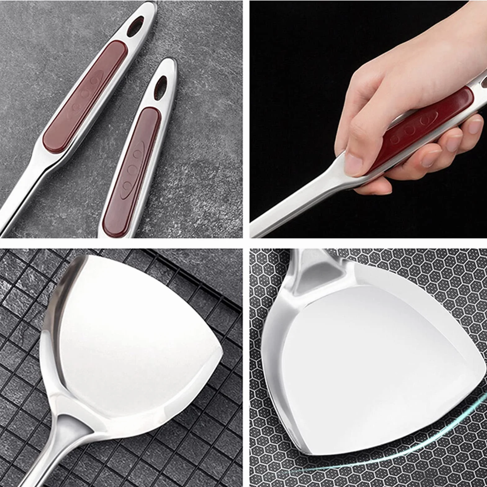 Szpatułka do woka, pogrubiona szpatułka do woka ze stali nierdzewnej z ergonomicznym, łatwym do trzymania uchwytem – do patelni nieprzywierającej, akcesoriów kuchennych, szpatułki do