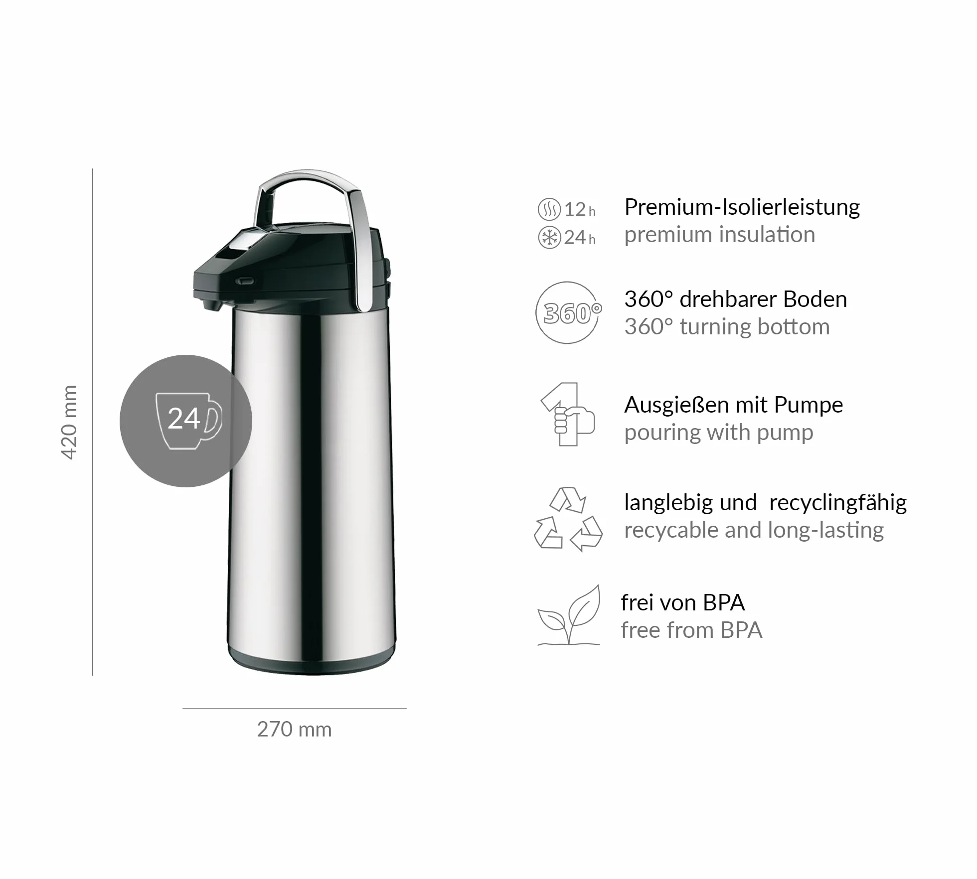 alfi 0987.000.300 dozownik do napojów, dzbanek z pompką, stal nierdzewna, polerowana, pojemność 3,0 l, ciepło przez 12 godzin, zimno przez 24 godziny