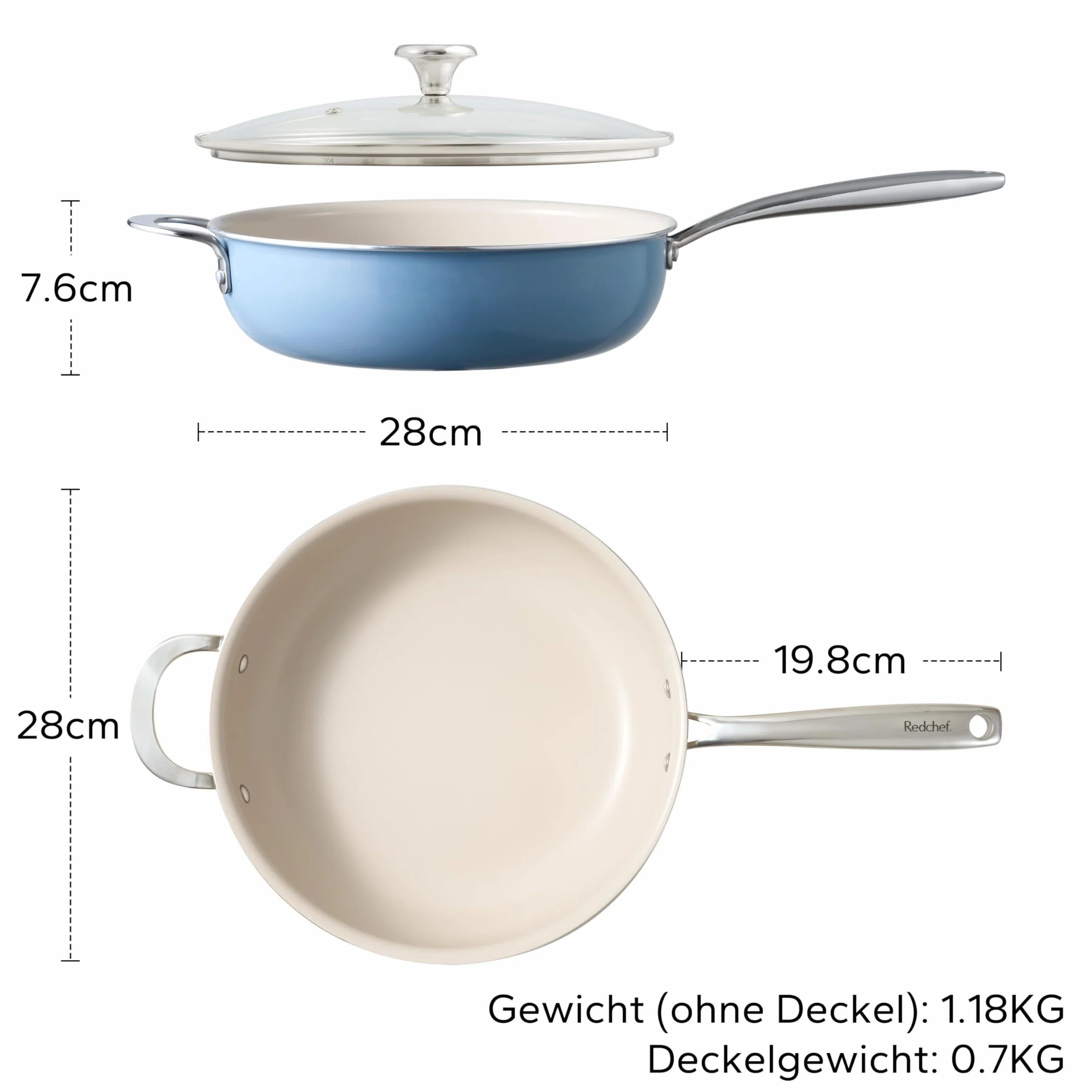 Redchef Patelnia 28 cm, patelnia z pokrywką z powłoką nieprzywierającą, ceramiczna patelnia, patelnia do smażenia indukcyjna z ceramiczną powłoką z uchwytem ze stali nierdzewnej, bez PTFE, bez PFOA