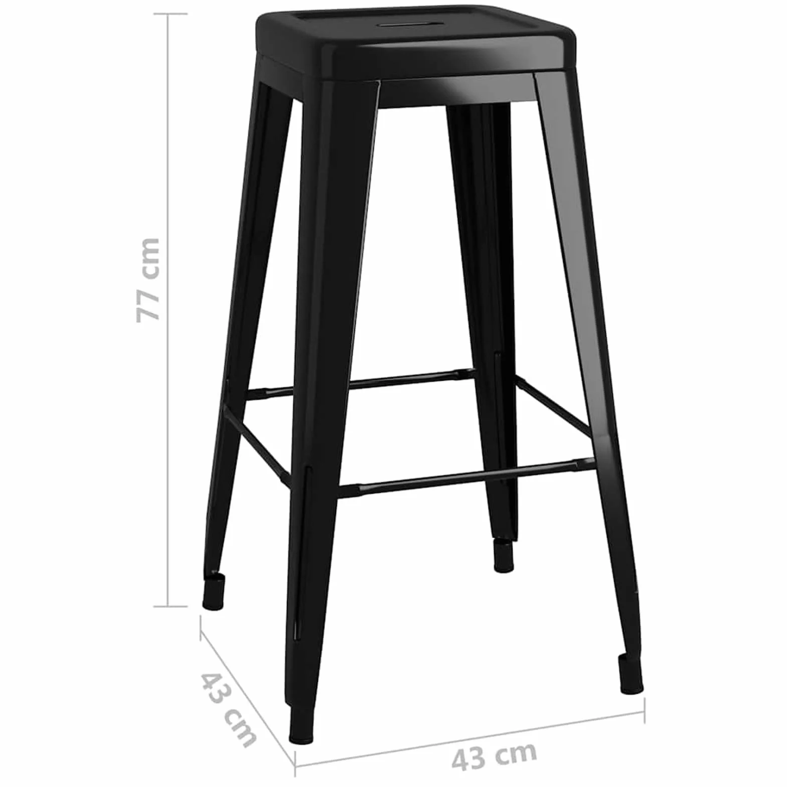 Stołek barowy, czarny, metalowy, można układać w stos, 2 sztuki, 43 x 43 x 77 cm, wytrzymały, z podnóżkiem i drążkiem poprzecznym, do lady, restauracji, na zewnątrz