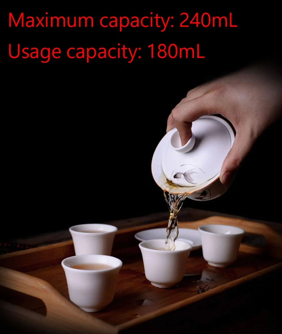 Porcelanowy Gaiwan 236ml Filiżanka do Herbaty Biała Glazurowana Waza Chińska Sancai Miska z Pokrywką Filiżanka ze Spodkiem Zestaw (Ryba)