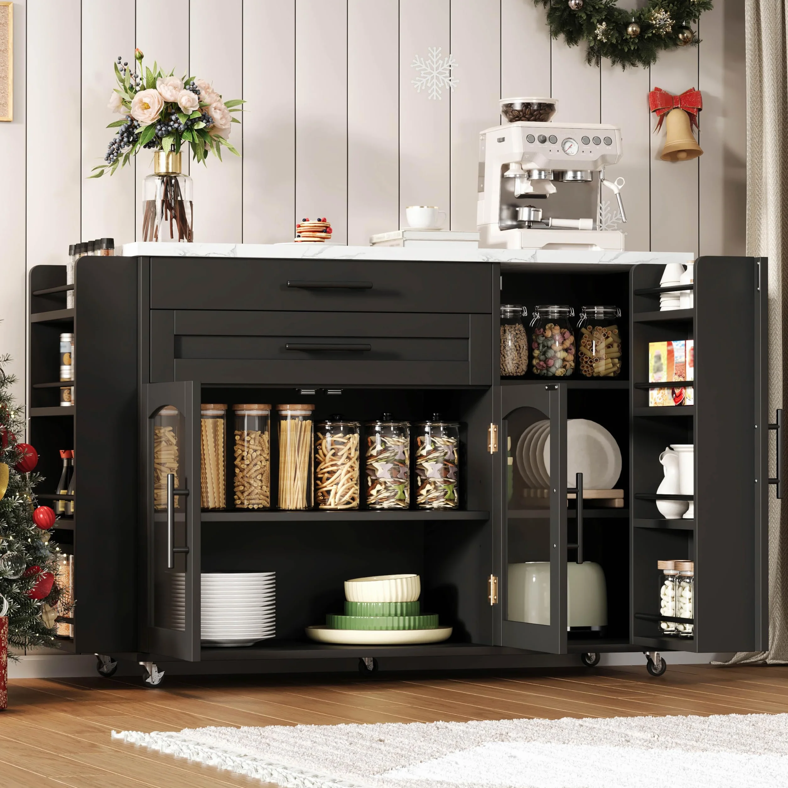 Mobilna wyspa kuchenna, wolnostojąca, 120 x 45 (70) x 90 cm, wózek kuchenny z rolkami, ze składanym obszarem roboczym, regał na przyprawy, drzwi szafy, organizer do szuflady na sztućce, do kuchni