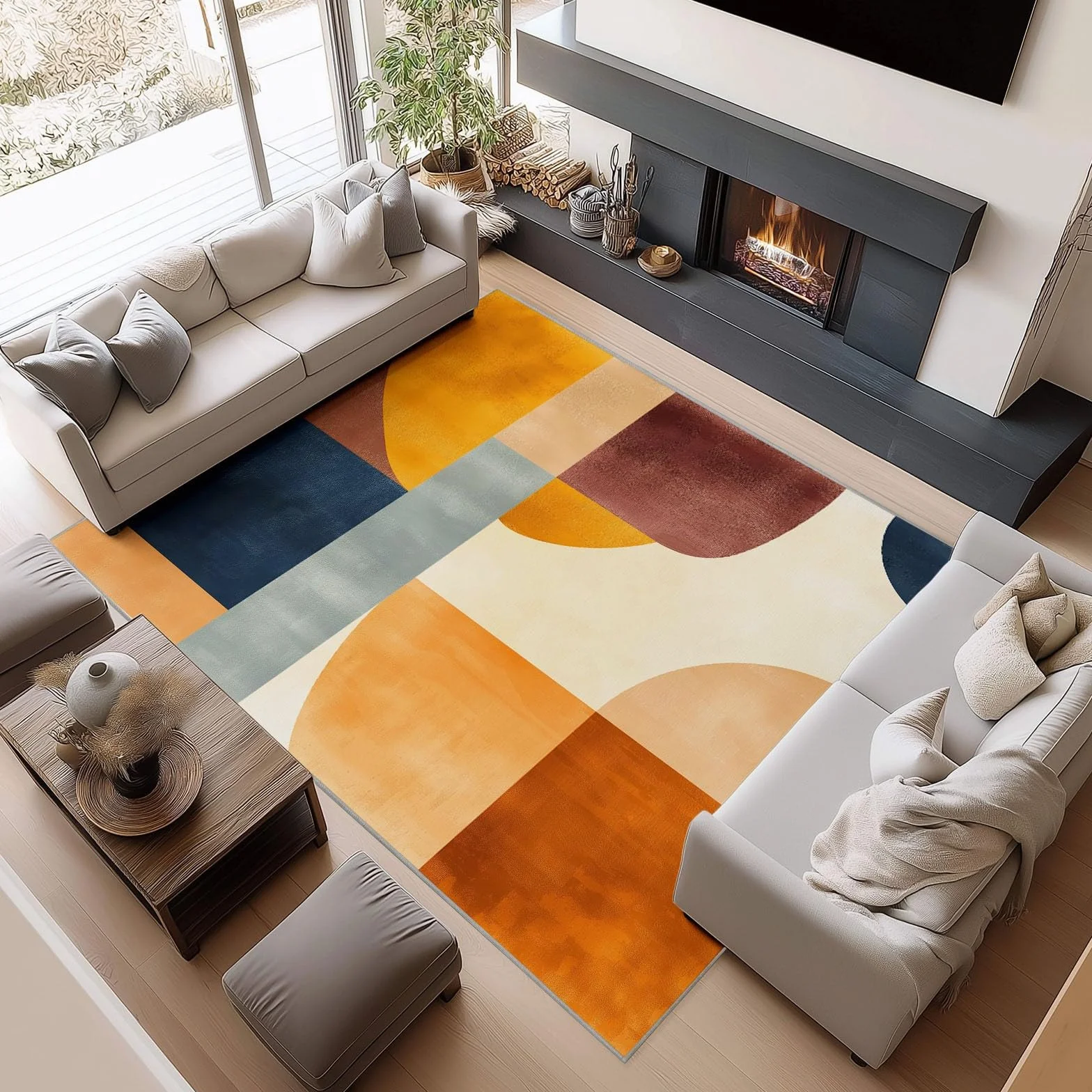 Abstrakcyjny dywan do salonu 140 x 200 cm - Geometryczny minimalistyczny nadruk dekoracyjny dywan z klockami, kolor z krótkim włosiem antypoślizgowa prostokątna wycieraczka do salonu jadalni