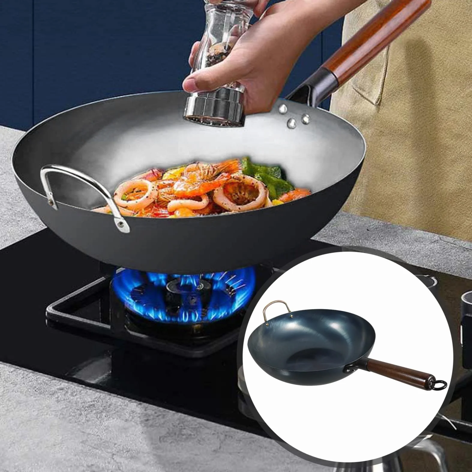Wielofunkcyjna Patelnia Wok Żeliwna z Drewnianym Uchwytami Tradycyjna Patelnia Do Gotowania Idealna Do Domowego Użytku Gładkie Dno Dla Równomiernego Rozkładu Ciepła
