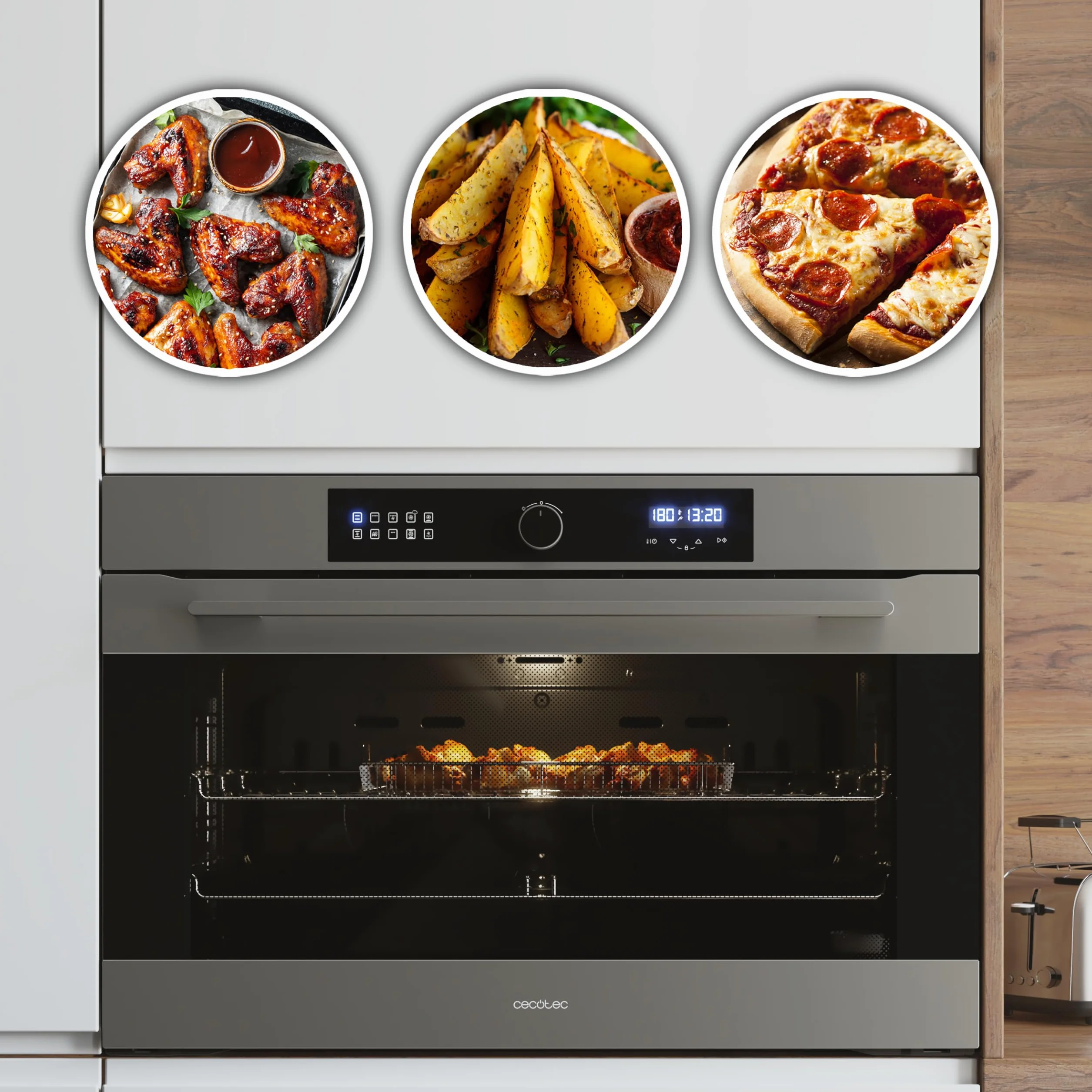 Cecotec Wielofunkcyjny piekarnik Bolero Hexa AF319000 Inox A 3800 W, pojemność 133 l, 11 funkcji z Airfryer Master, Mistrz pizzy, Steam Asisst, Steam EasyClean, 3D Cooking, Defrost