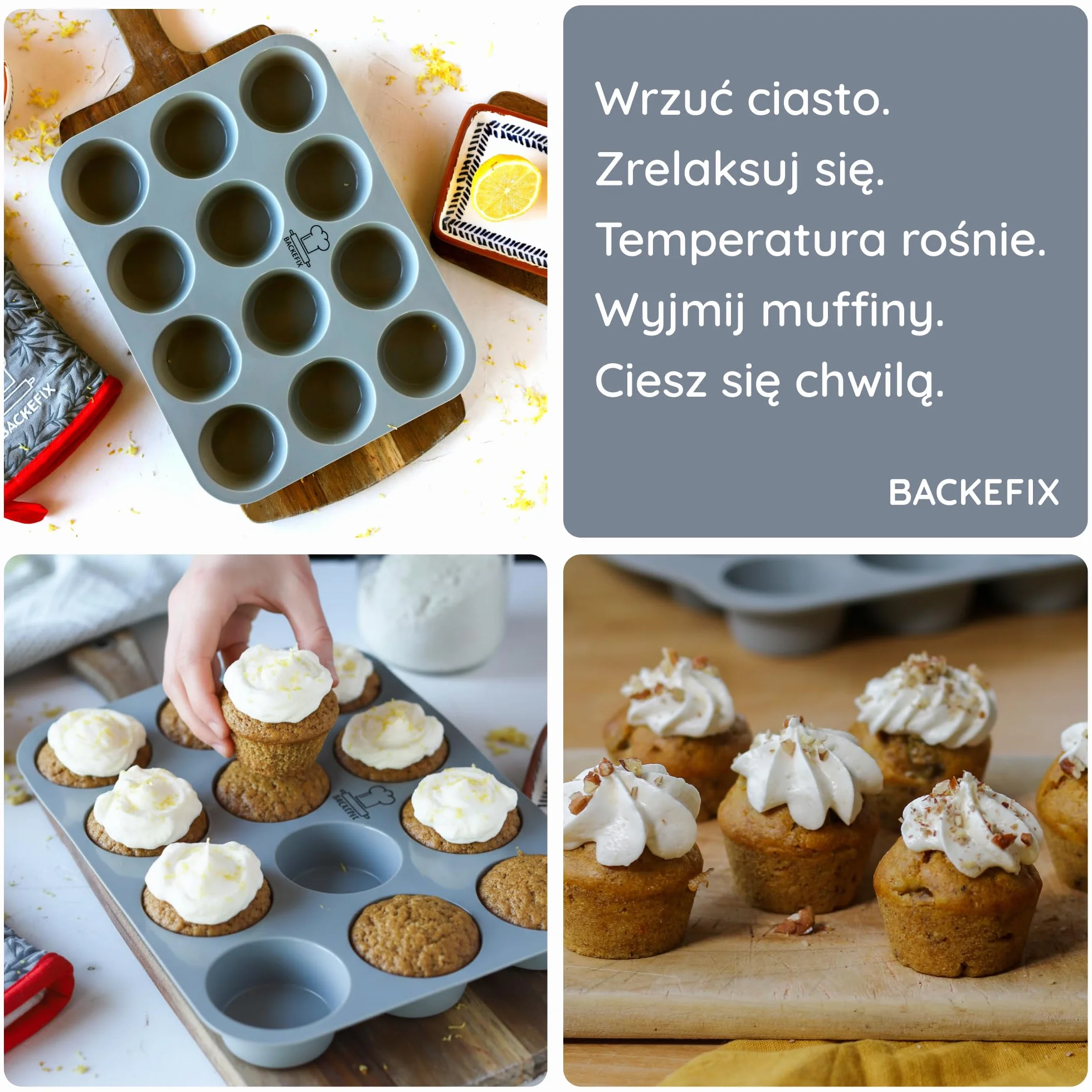 Backefix elastyczna silikonowa forma do muffinek (12 szt.) – forma na muffiny z platynowego silikonu, nieprzywierająca, do zmywarki, bez BPA i PFAS, dla równomiernych muffinów, babeczek i cupcakes