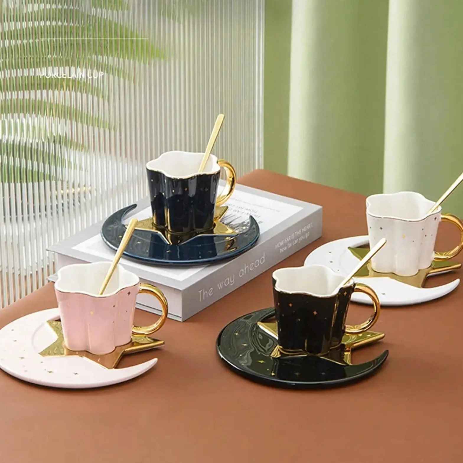 1 szt. kubek gwiazda księżyc ceramiczny kubek do kawy z filiżanką talerz łyżka popołudniowa herbata