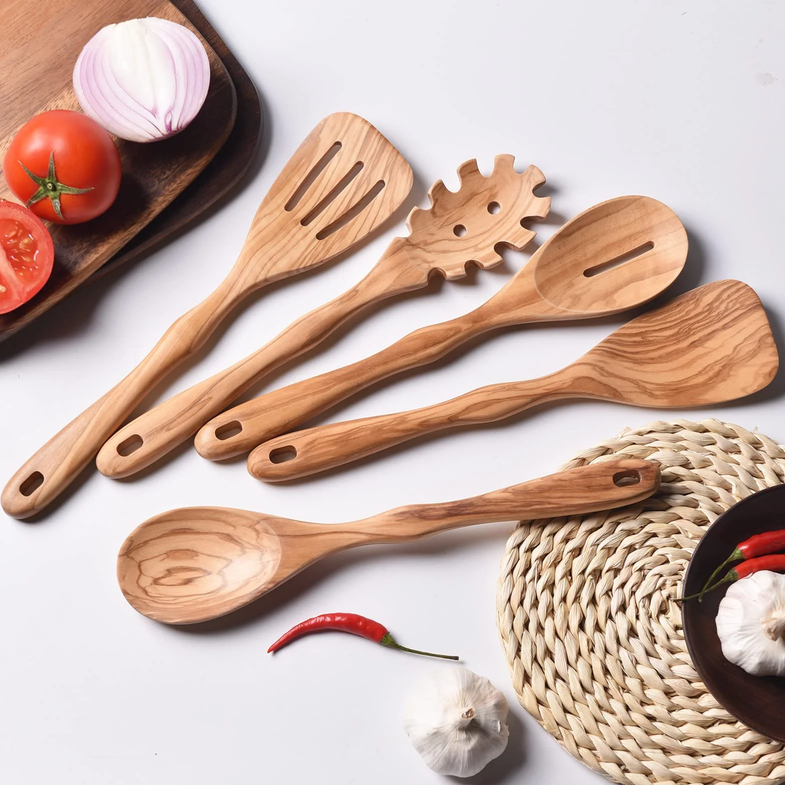 Gudamaye 30 cm Oliwkowe drewniane naczynia do gotowania, długi uchwyt drewniane łyżki do gotowania, 6 szt. zestaw drewnianych łyżek do rękodzieła, zestaw drewnianych przyborów kuchennych, zestaw przyborów z naturalnego drewna oliwkowego
