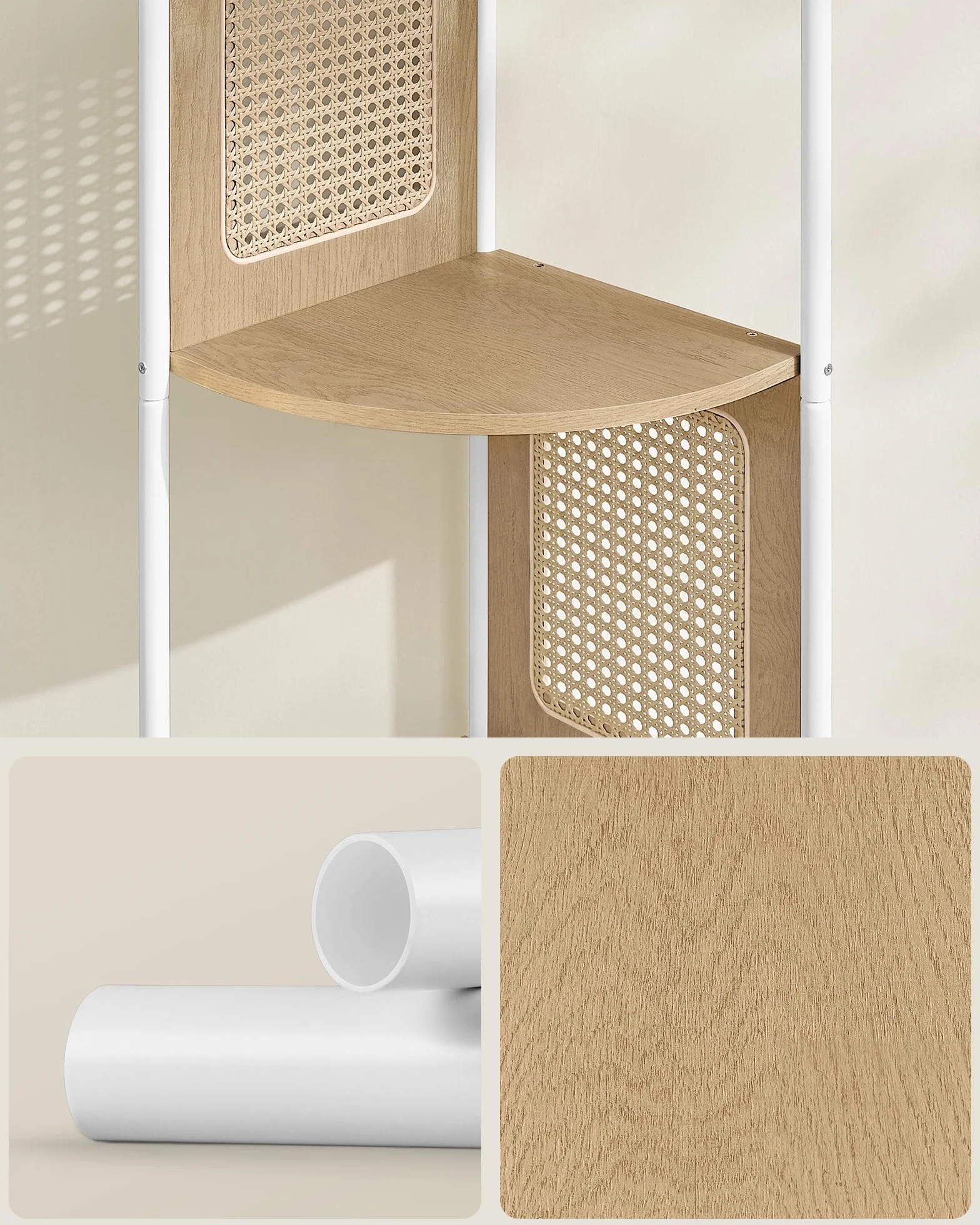 VASAGLE Regał narożny 5-poziomowy z rattanowymi panelami bocznymi, półką stojącą, metalową ramą do salonu, sypialni, gabinetu, kuchni, 30,5 cm x 30,5 cm x 150 cm, dąb beżowy LLS588Y57