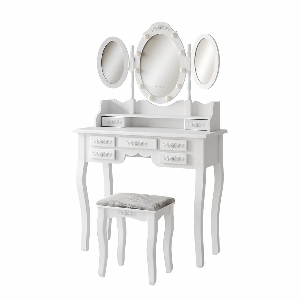 Vicco Stół do toalety "Diana", Biały, 90 cm | z oświetleniem i stołkiem, avec éclairage LED et tabouret, miroir réglable en hauteur