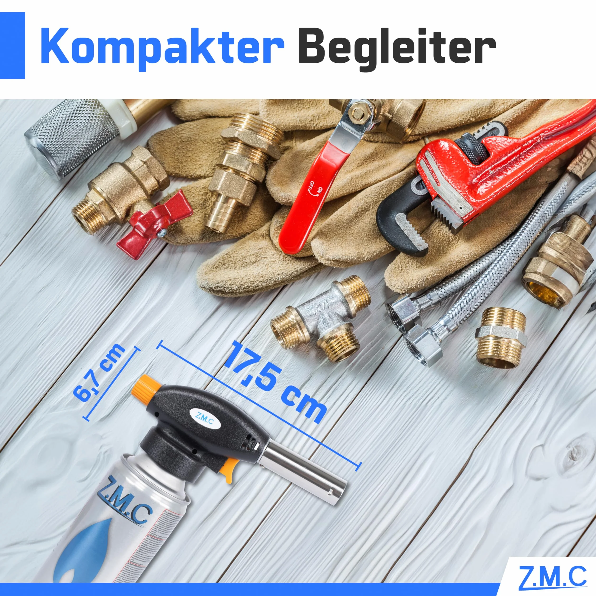 Z.M.C Palnik gazowy + 4 x kartusze gazowe 227 g, palnik do flambira, temperatura do 1300°C, palnik spawalniczy z zapłonem piezoelektrycznym, palnik do lutowania 1,3 kW, nasadka palnika z regulowanym