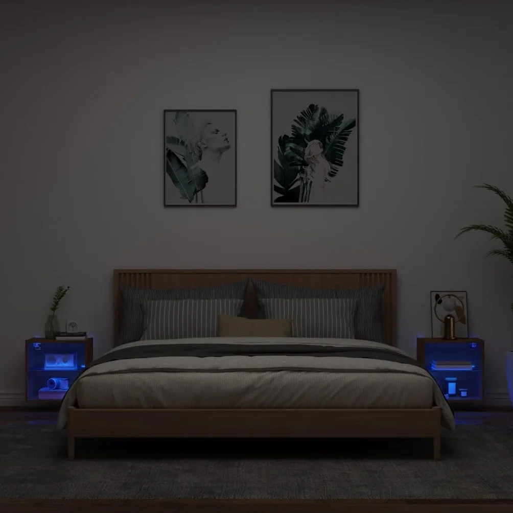 Naścienne stoliki nocne z oświetleniem RGB LED, zestaw 2 szt., brązowy wygląd dębu, 40 x 28,5 x 40 cm, pływające, nowoczesny mebel do sypialni