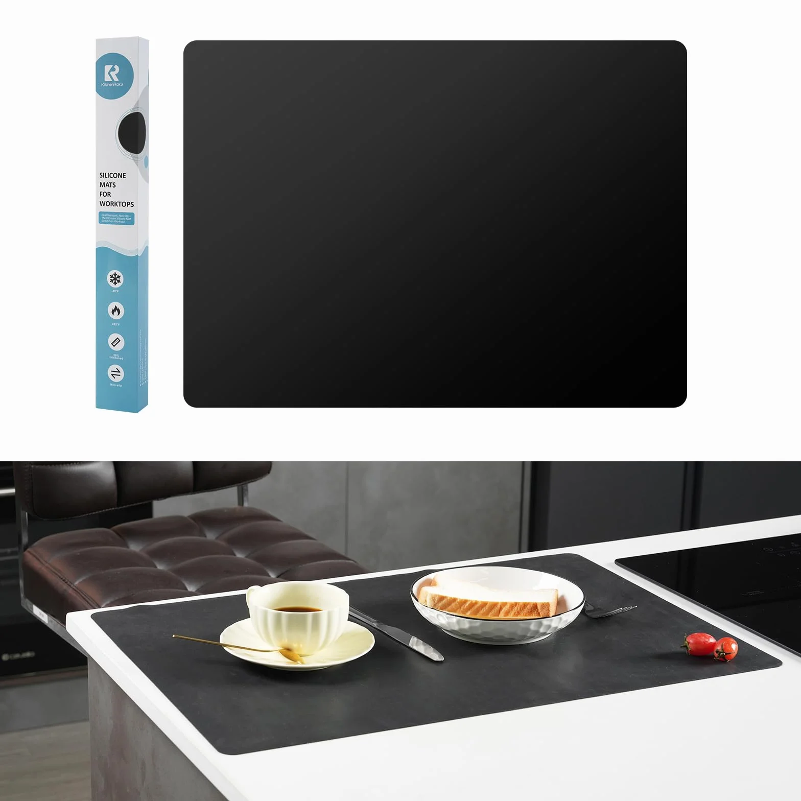 KitchenRaku Bardzo Duża Silikonowa Mata Do Ochrony Blatu Kuchennego, Nieprzywierająca, Odporna Na Wysokie Temperatury, Antypoślizgowa, Rzemieślnicza, Stołowa (Czarna, 60 x 40 cm)