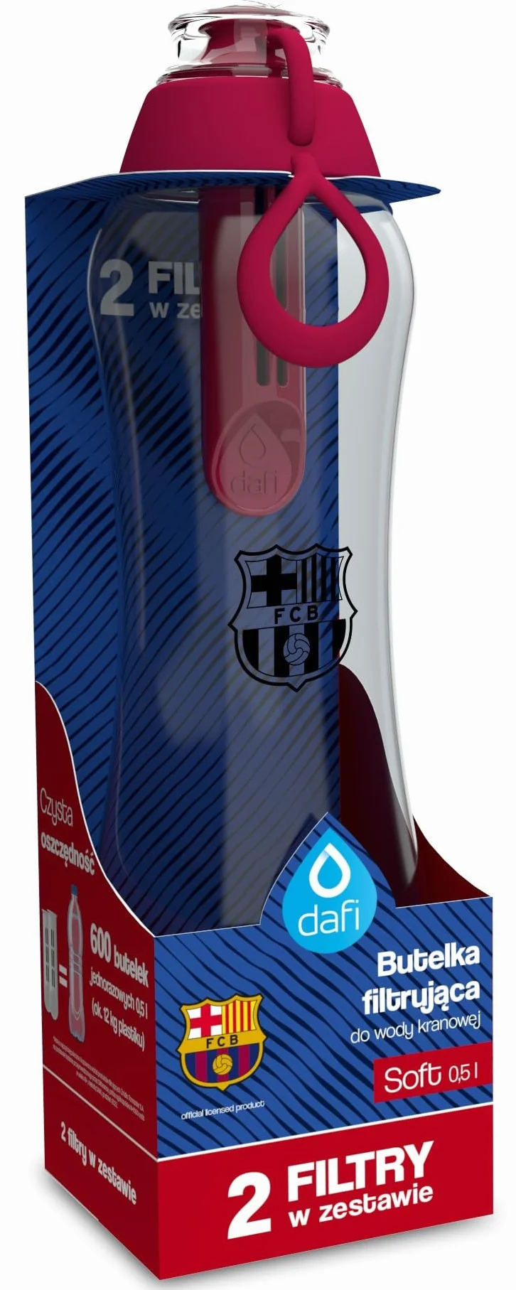 DAFI SOFT butelka filtrująca 500 ml Makowa FC Barcelona z 2 filtrami węglowymi - limitowana edycja z herbem klubu i naklejkami piłkarzy - idealna do szkoły, pracy, na siłownię i trening