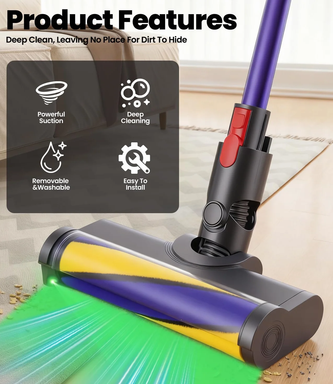 Szczotka kompatybilna z Dyson V7, V8, V10, V11, V15, Turbinowe szczotka elektryczna diodami LED, Wymienna głowica do odkurzacza, Miękki wałek szczotki, do twardych podłóg, dywanów