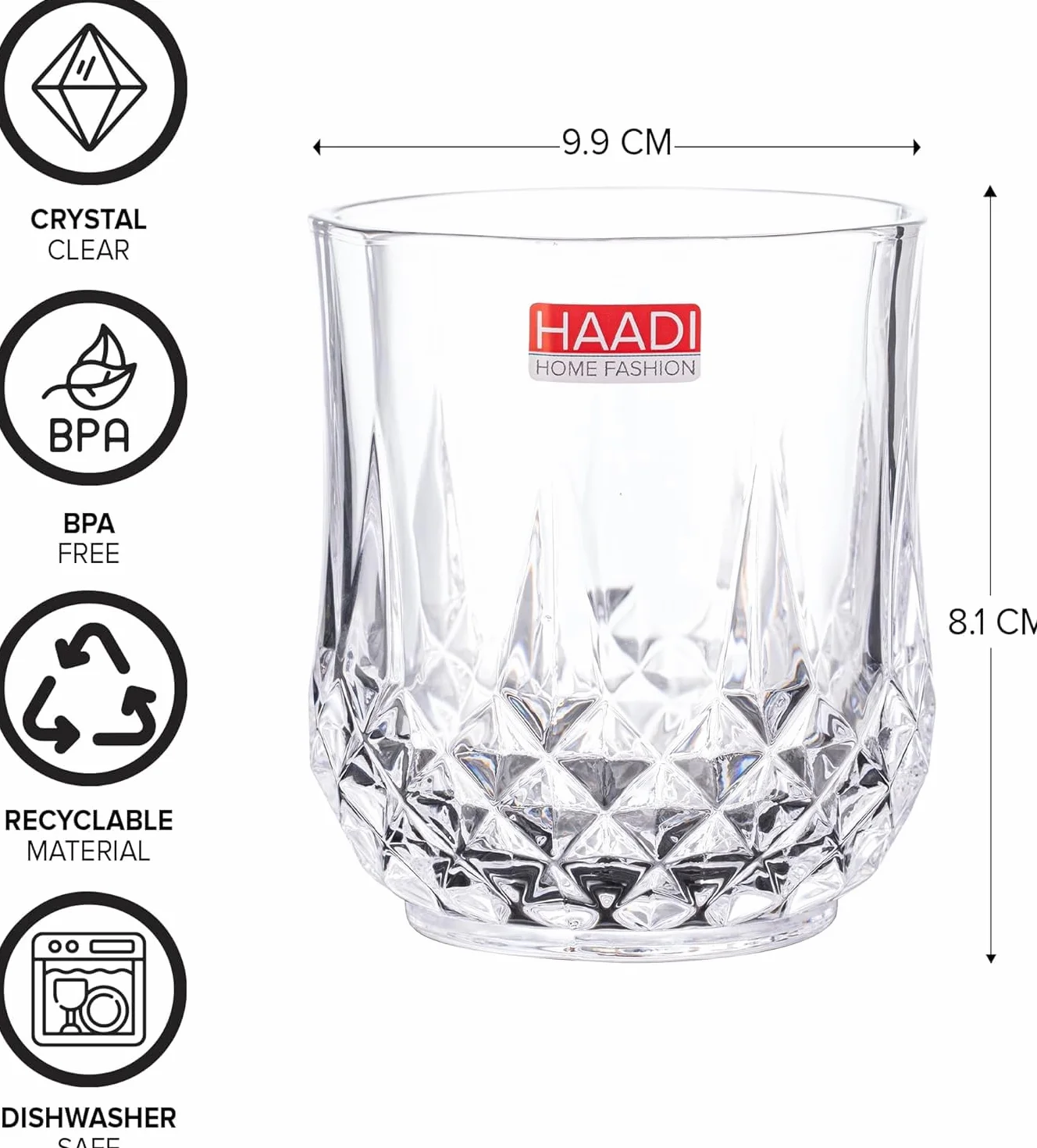 HAADI Zestaw 6 szklanek do picia, krystalicznie czysty kieliszek do wody, szklanki koktajlowe do wina, whisky, soku, ginu i innych napojów, 320 ml