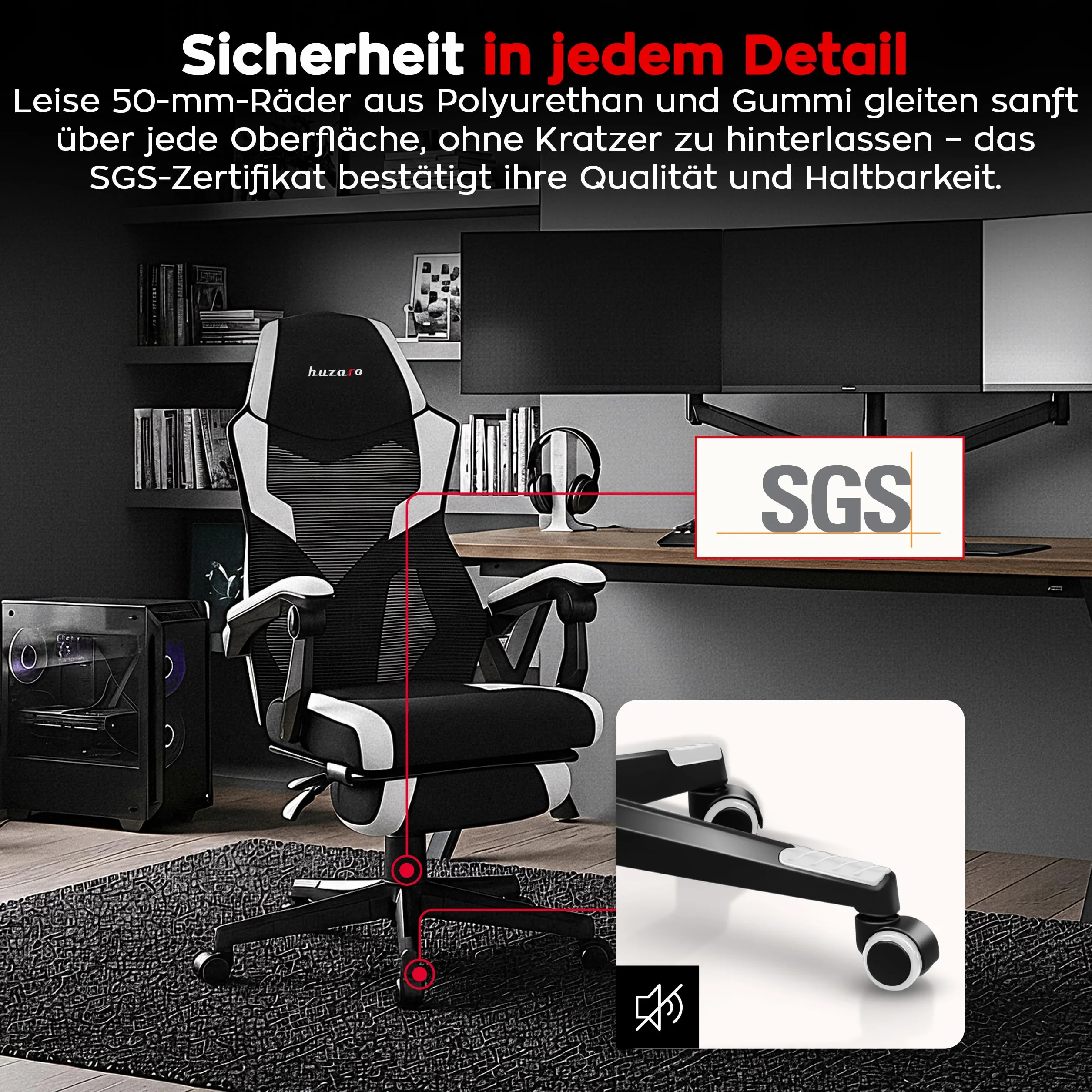huzaro Combat 3.1 krzesło biurowe dla graczy, ergonomiczne krzesło z podnóżkiem, regulowane oparcie 135°, oddychająca siatka, obciążenie do 150 kg, ciche kółka, kolor biały