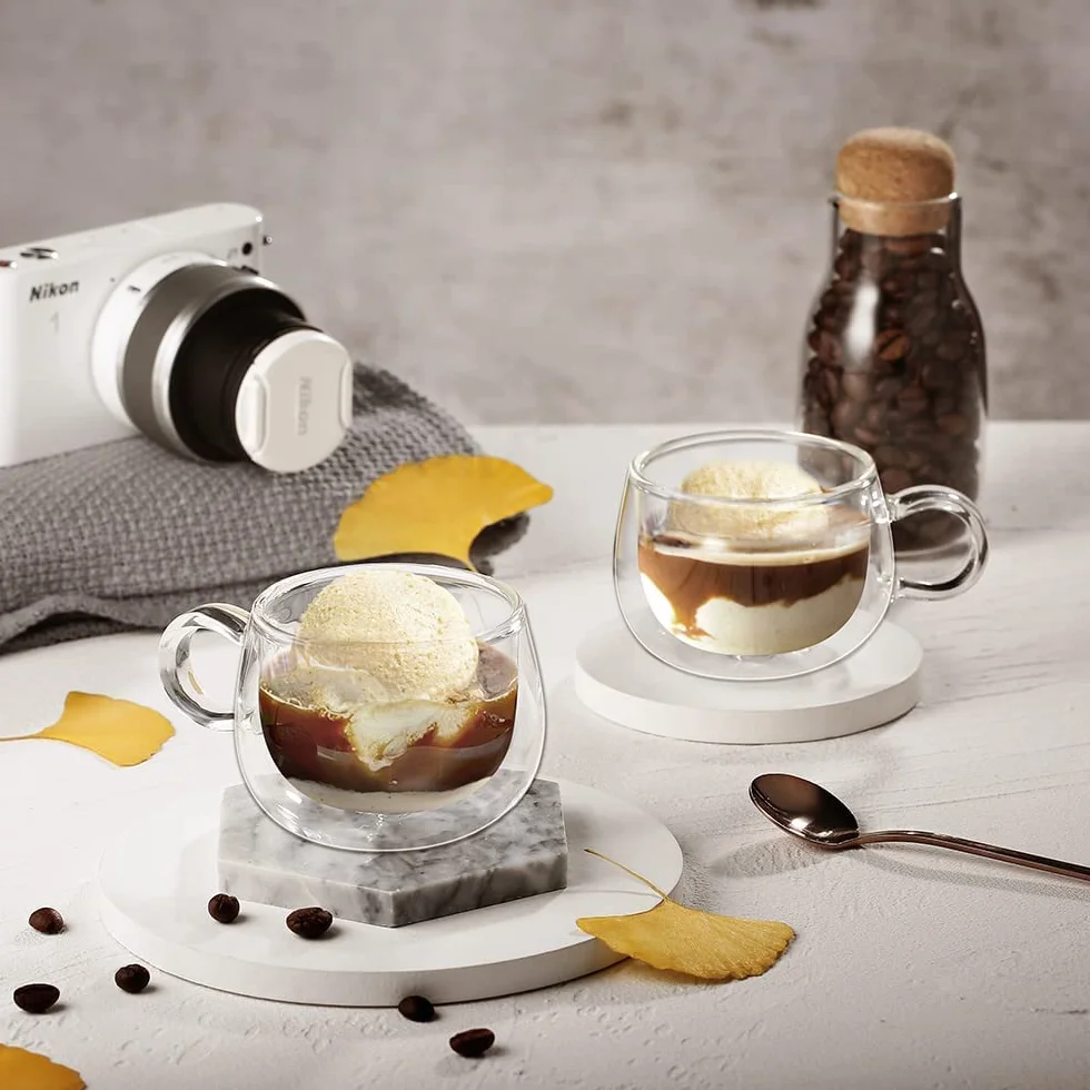 glastal Filiżanki do espresso, dwuścienne szklanki do espresso, zestaw 2 sztuk, 120 ml, szkło borokrzemowe, filiżanki do kawy, szklanki do herbaty, zestaw z uchem, do macchiato, latte, herbaty, lodu, mleka