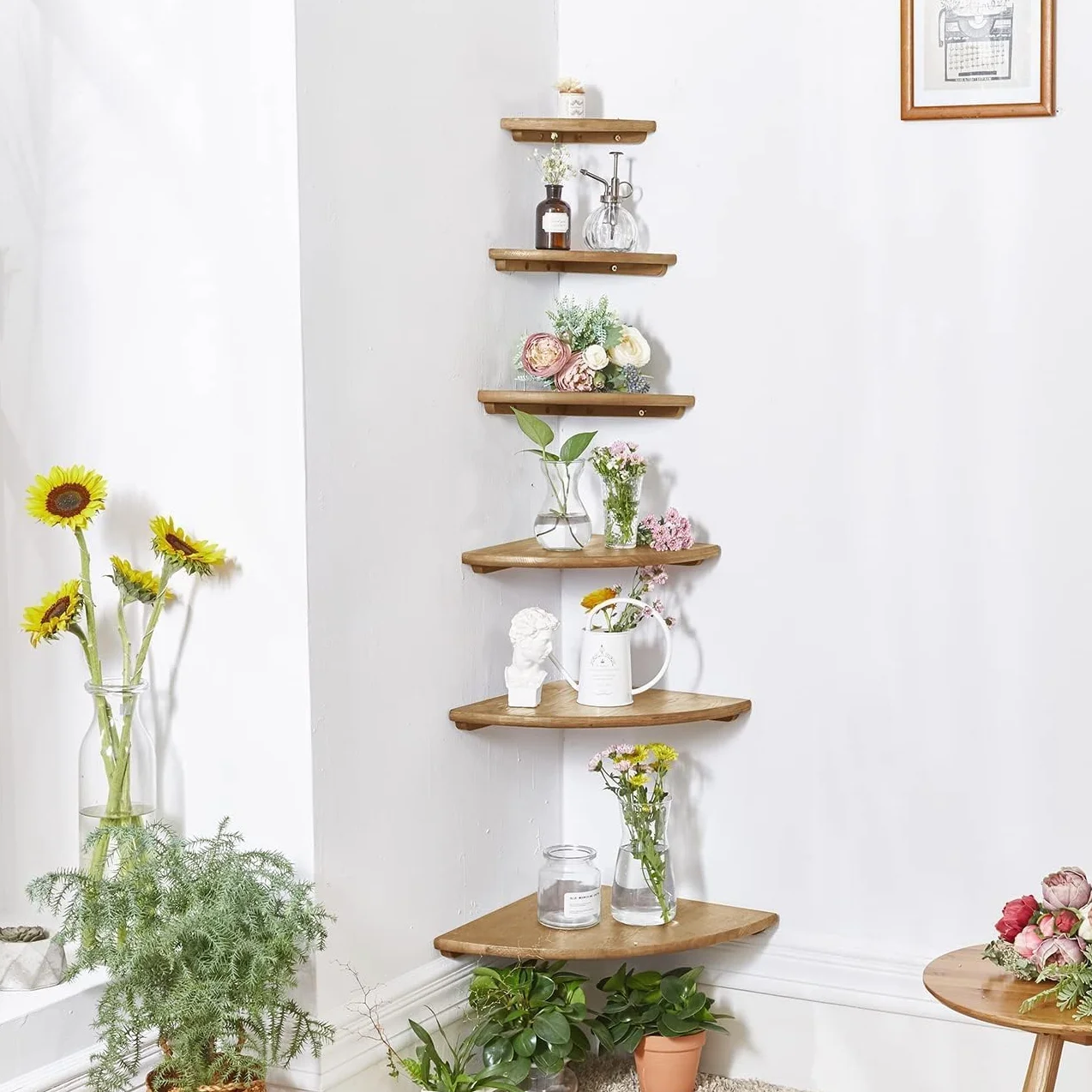 Gieanoo Regał narożny 18 cm regał ścienny z litego drewna dębowego z okrągłym wykończeniem vintage rustykalny styl do sypialni salonu promień