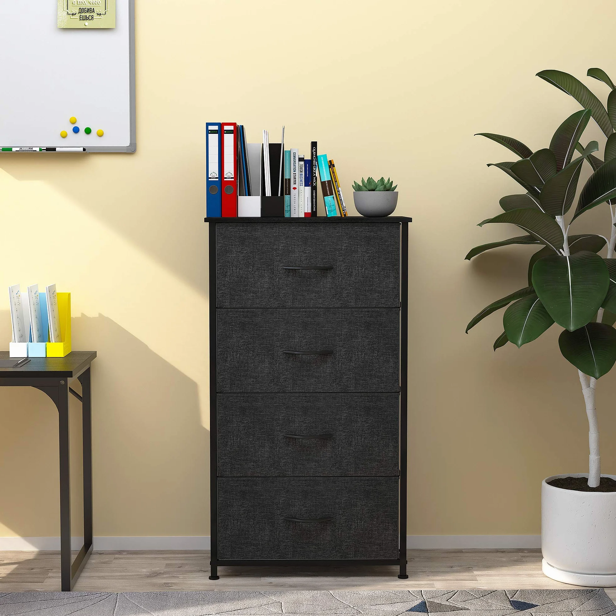 YITAHOME Komoda z 4 szufladami, szuflady do sypialni, komoda z tkaniny z drewnianym blatem, szafka do przechowywania szuflad do sypialni, salonu, pokoju dziecięcego, czarno-szara