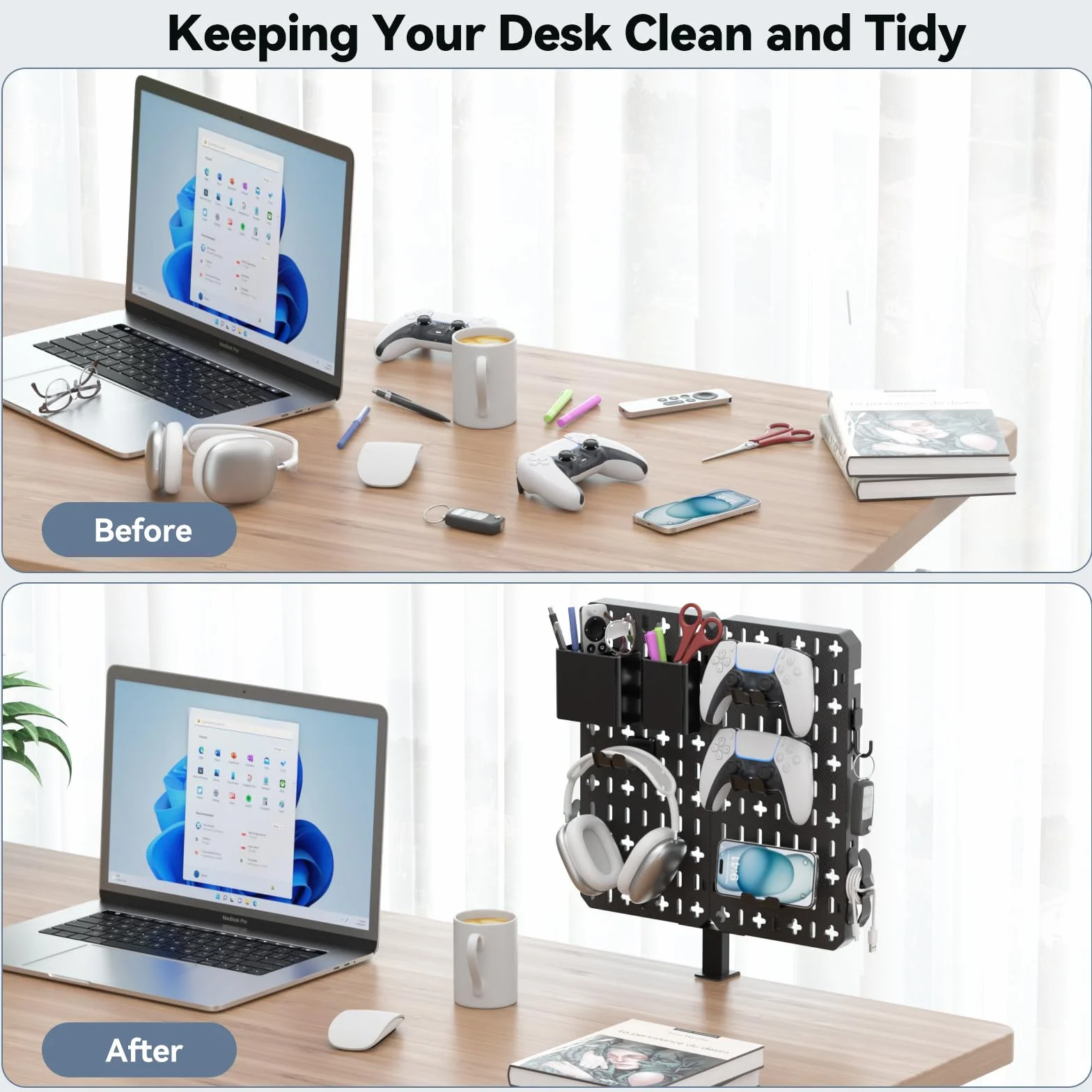 KDD Pegboard biurkowy 7 w 1 – bez wiercenia, tablica wtykowa do zaciskania z uchwytem na telefon komórkowy/długopis/uchwyt na słuchawki i kontroler/hakiem, zdejmowana płytka perforowana do warsztatu
