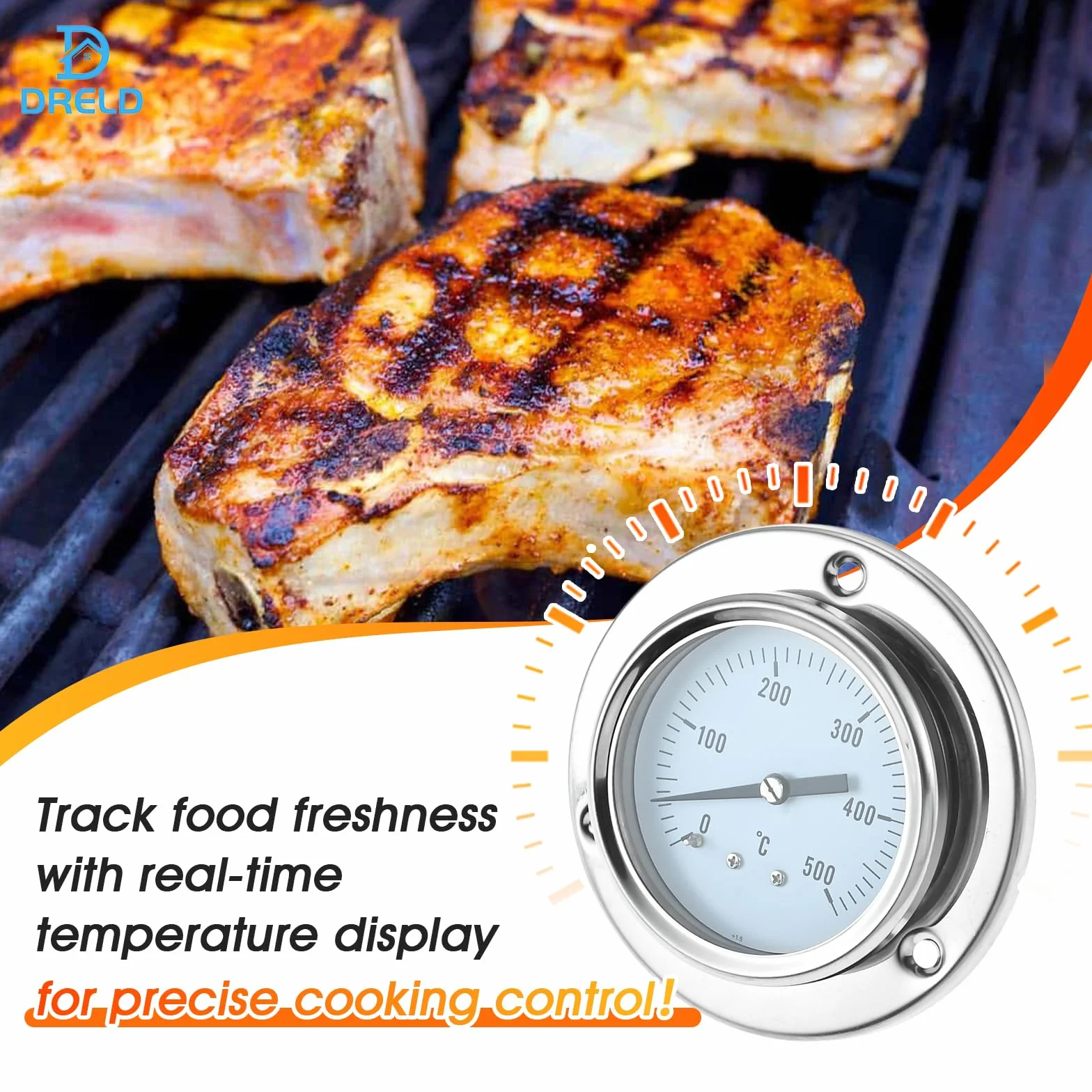 DRELD Termometr do piekarnika BBQ Termometr do piekarnika z 1,5-metrowymi sondami ze stali nierdzewnej do piekarników, pieców do pizzy, pieców na drewno, BBQ 0-500℃