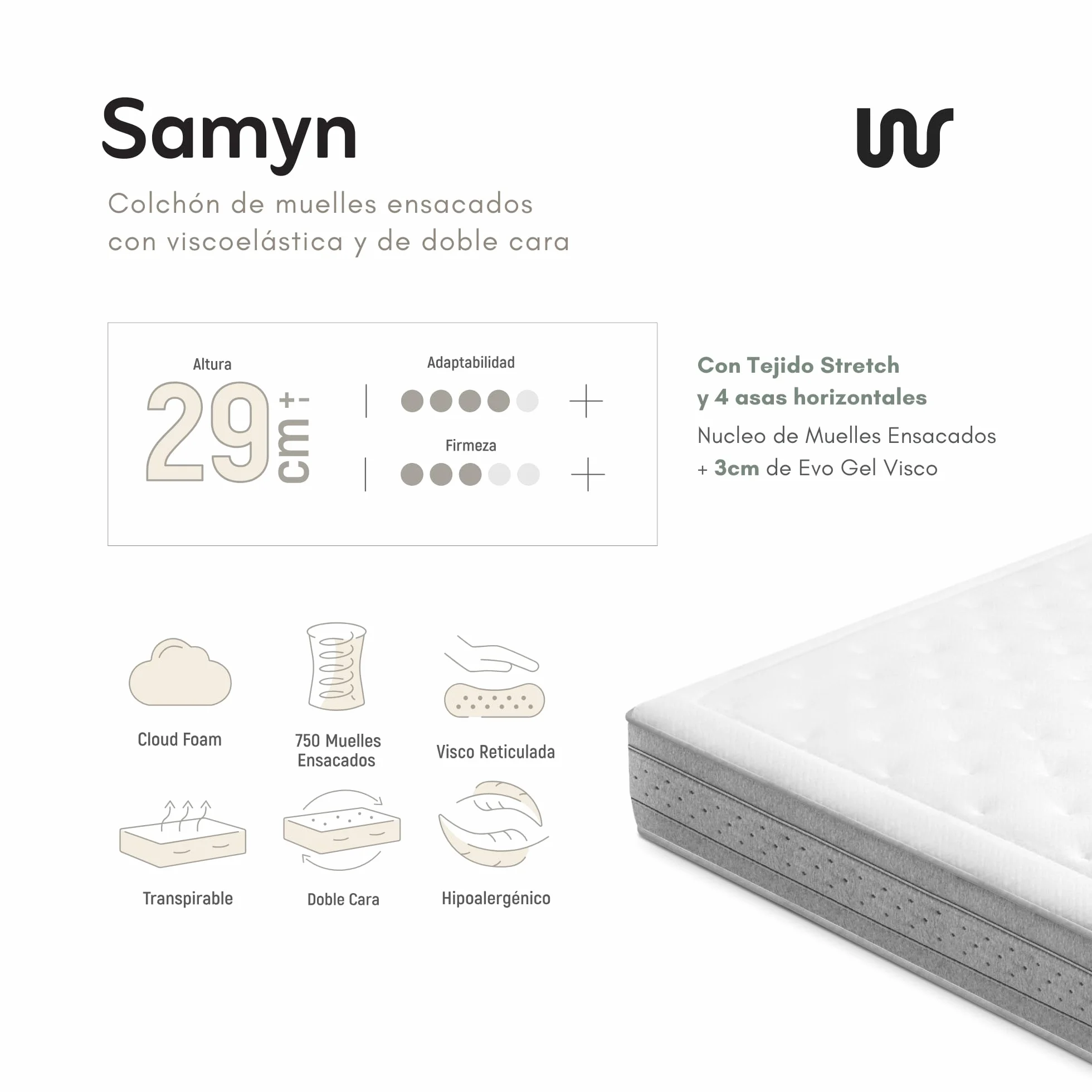 WIN REST Materac sprężynowy 135 x 190 cm - wiskoelastyczny, dwustronny model SAMYN 29 cm, pianka Cloud Foam o średniej twardości, tkanina Strech, przyjazna alergikom, wyprodukowano w Hiszpanii
