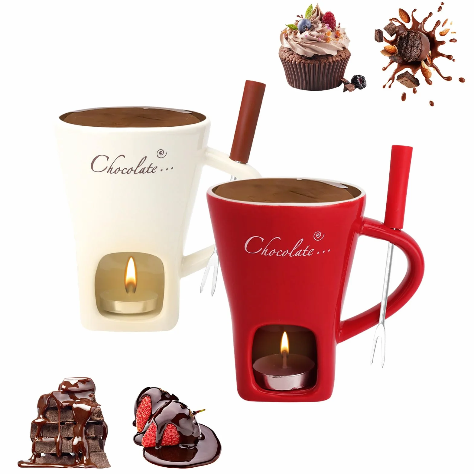 2 szt. czekoladowe fondue kubek ceramiczny 130 ml, czekoladowe fondue kubek z uchwytem na podgrzewacze, widelce, czekoladowe fondue, zestaw do fondue, czekolady, fondue, czekolady, fondue, zestaw do