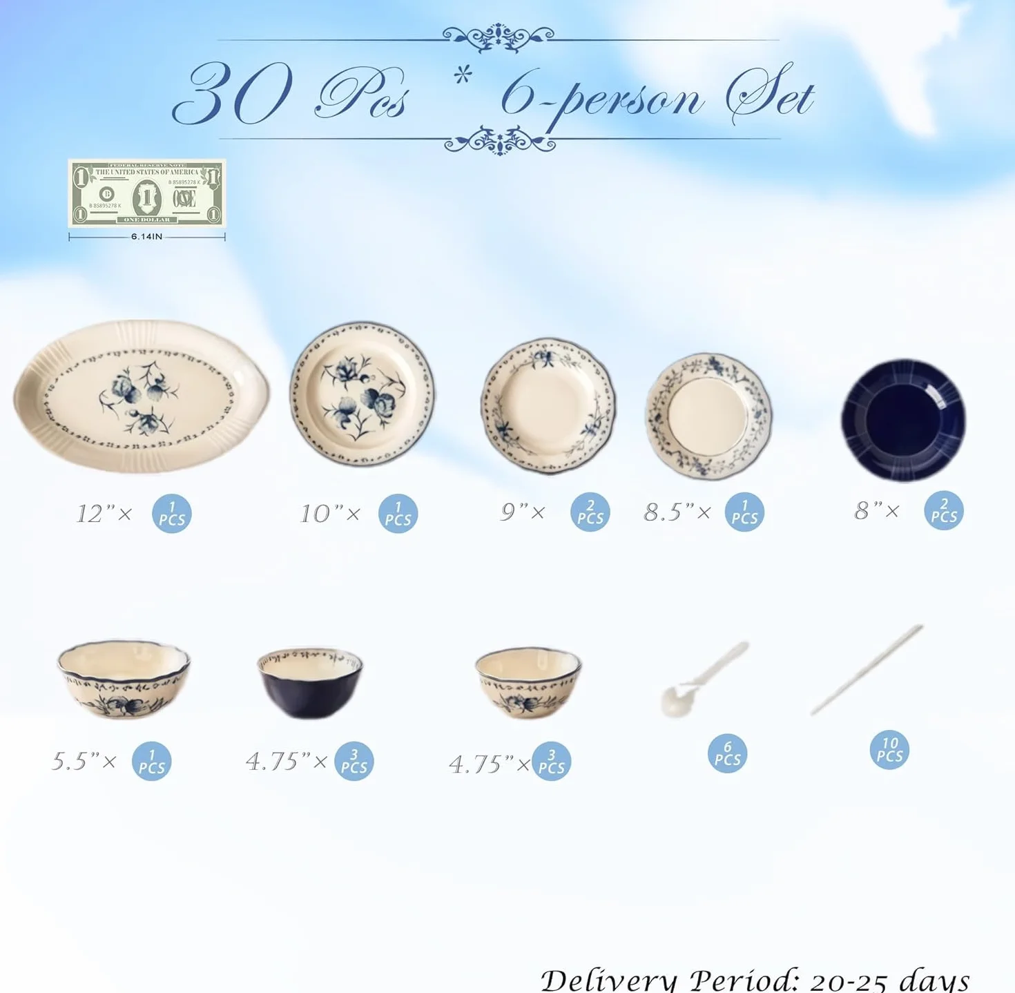 30-częściowy porcelanowy zestaw zastawy stołowej, kamionka i talerze ceramiczne miski garnek do zupy pałeczki, elegancka zastawa stołowa dla 6 osób, domowa jadalnia
