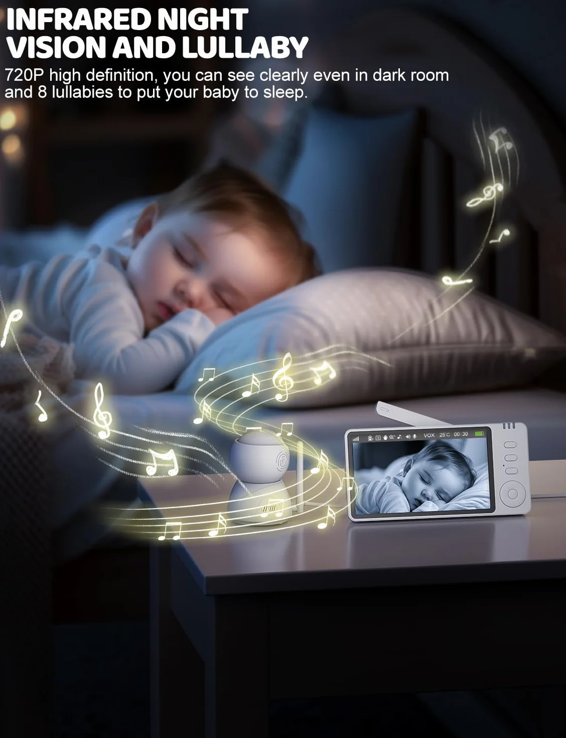 OBVHNUA Baby Monitor 5 sztuk Kamera dla niemowląt Ekran 720P HD Babyphone Wideo Baby Monitor z Pan-Tilt 2X-4X Zoom Wizja nocna VOX Intercom 8 Kołysanek 5 Budzik Temperatura Czas
