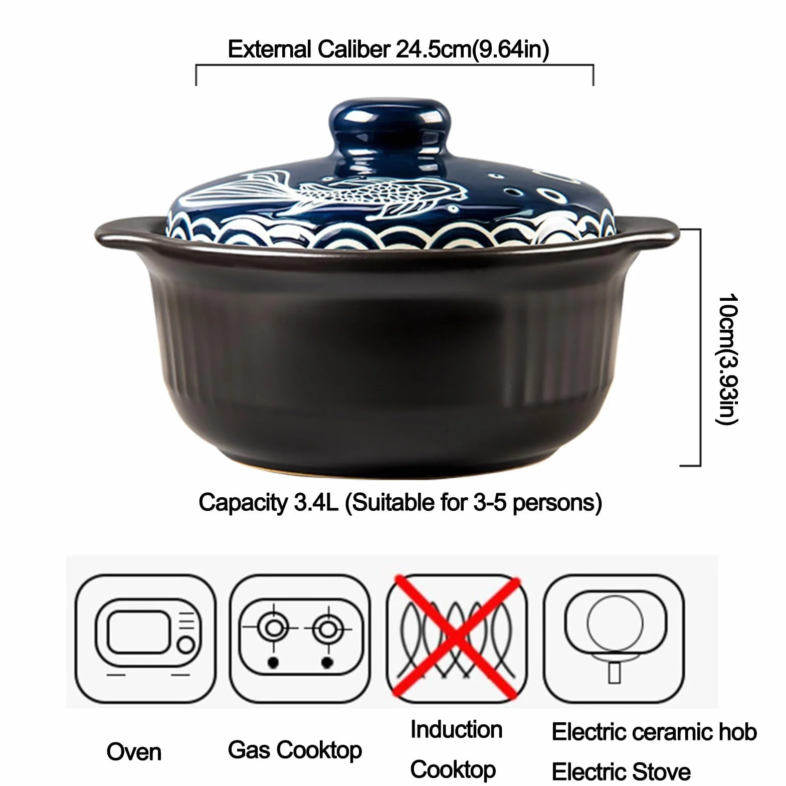 Nieprzywierający Gliniany Garnek Do Kuchenek Gazowych Ceramiczny Garnek Z Pokrywką Podwójne Uchwyty Garnek Gliniany Do Bibimbap Zupa Ryż Gulasz(Blue,3.4L)