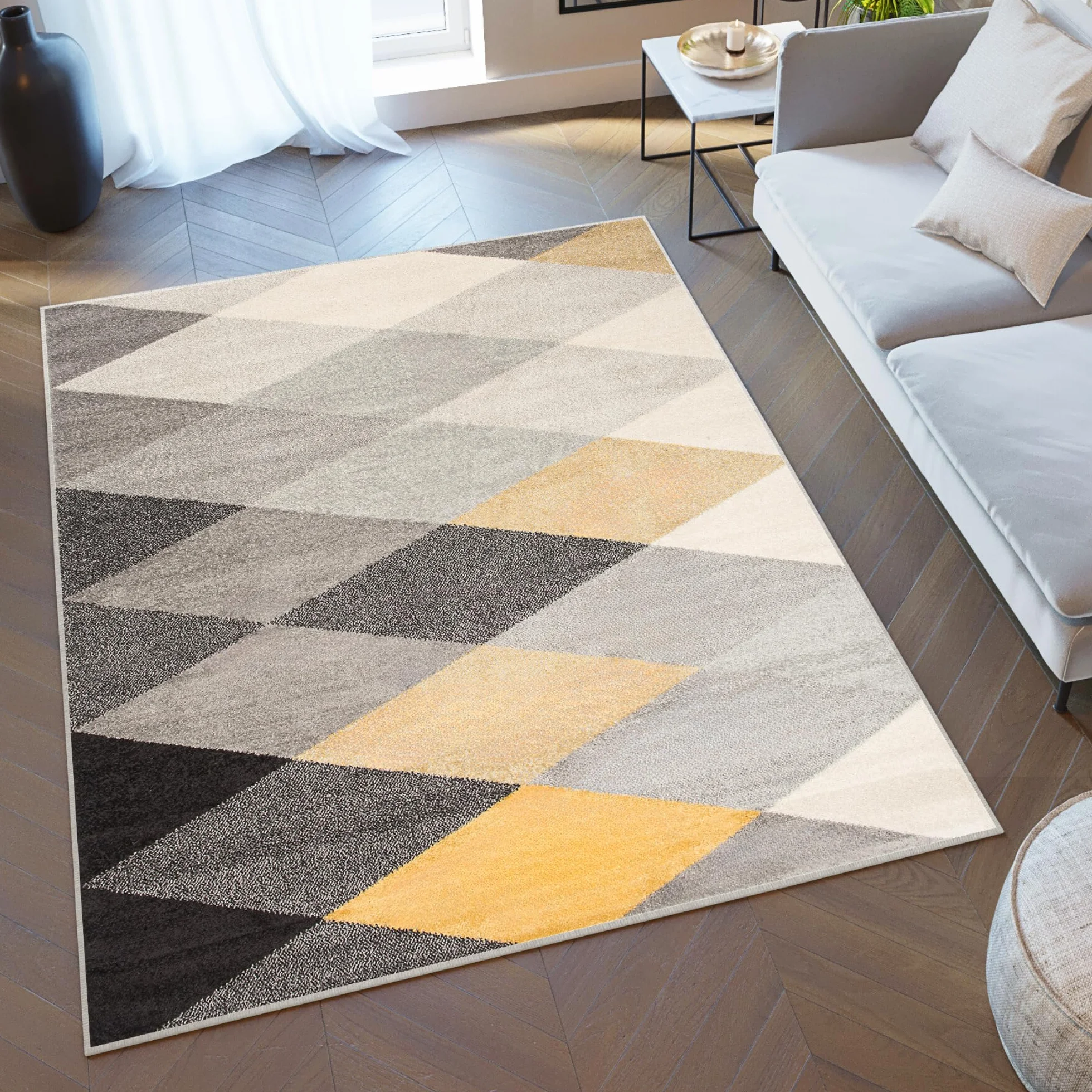 Tapiso LAZUR dywan do salonu, krótkie runo, nowoczesne figurki geometryczne, szary, ciemnoszary, czarny, kremowy, żółty, do sypialni, Ökotex 240 x 330 cm