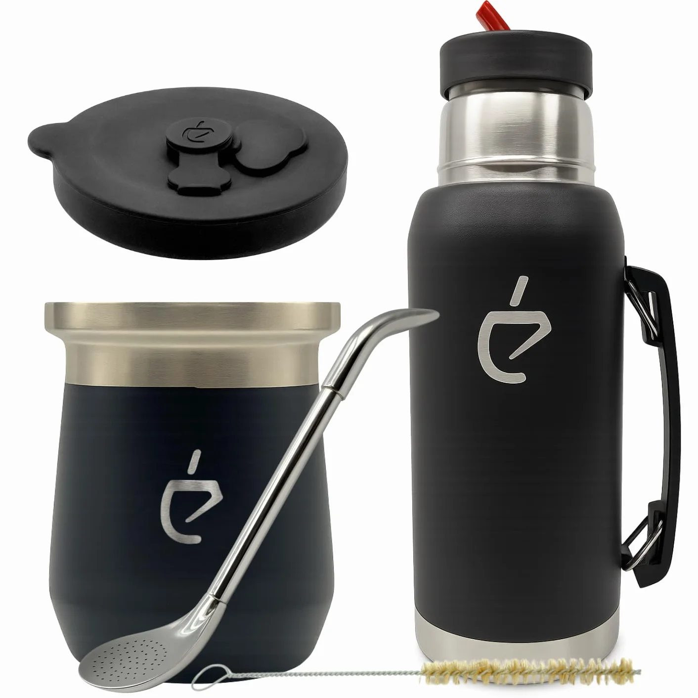 Zestaw Yerba Mate Un Mate® MateGo Termolid DualFlow PRO Obsidian Black – termos 1000 ml, matero 230 ml, bombilla, czyścik, zestaw prezentowy premium (Black)