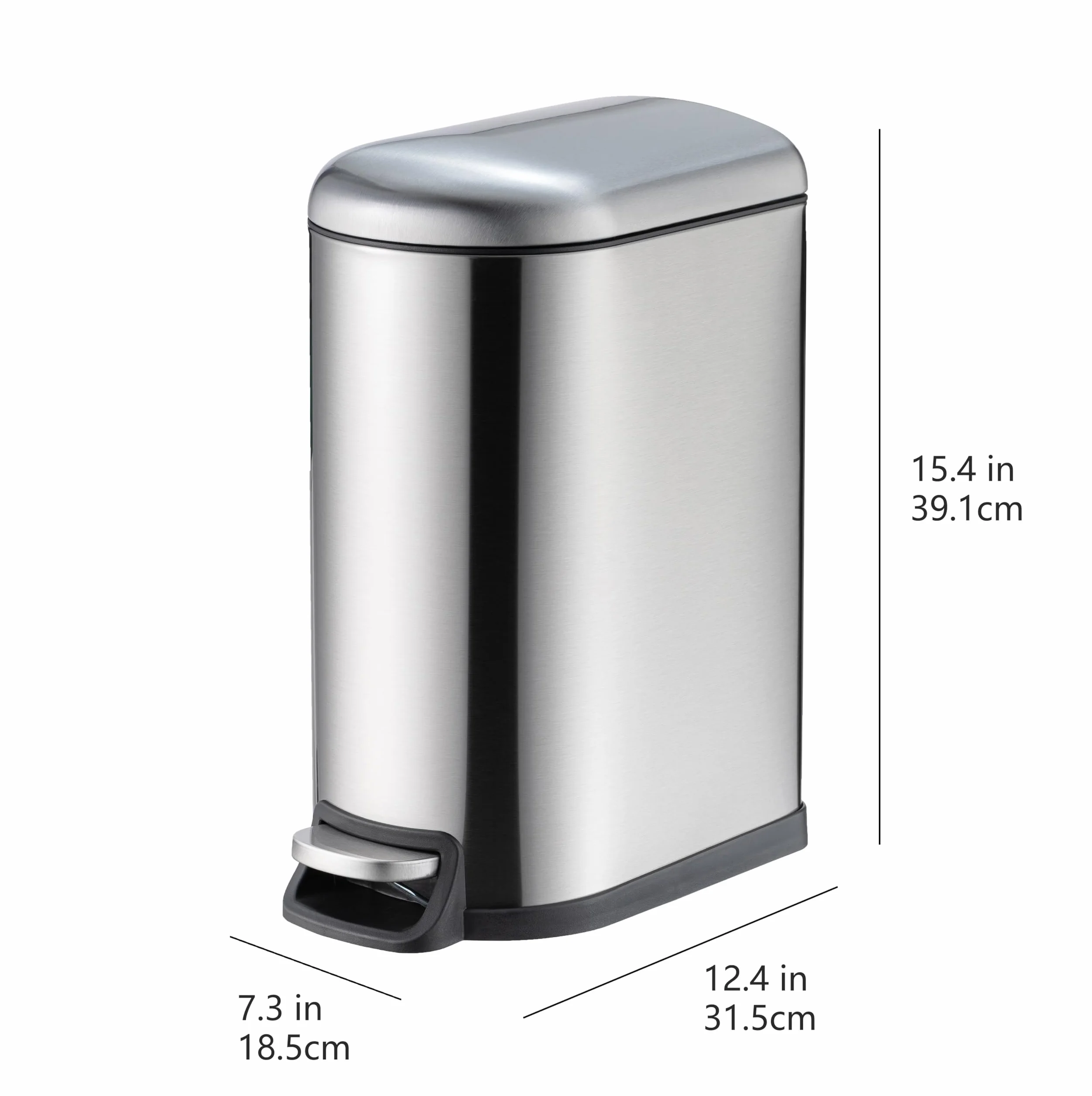 Amazon Basics Kosz na śmieci 10 l do ciasnych pomieszczeń i łazienki z pedałem z rur stalowych – delikatnie zamykany pokrywą, do kuchni, łazienki lub biura, prostokątny, stal nierdzewna, srebrny
