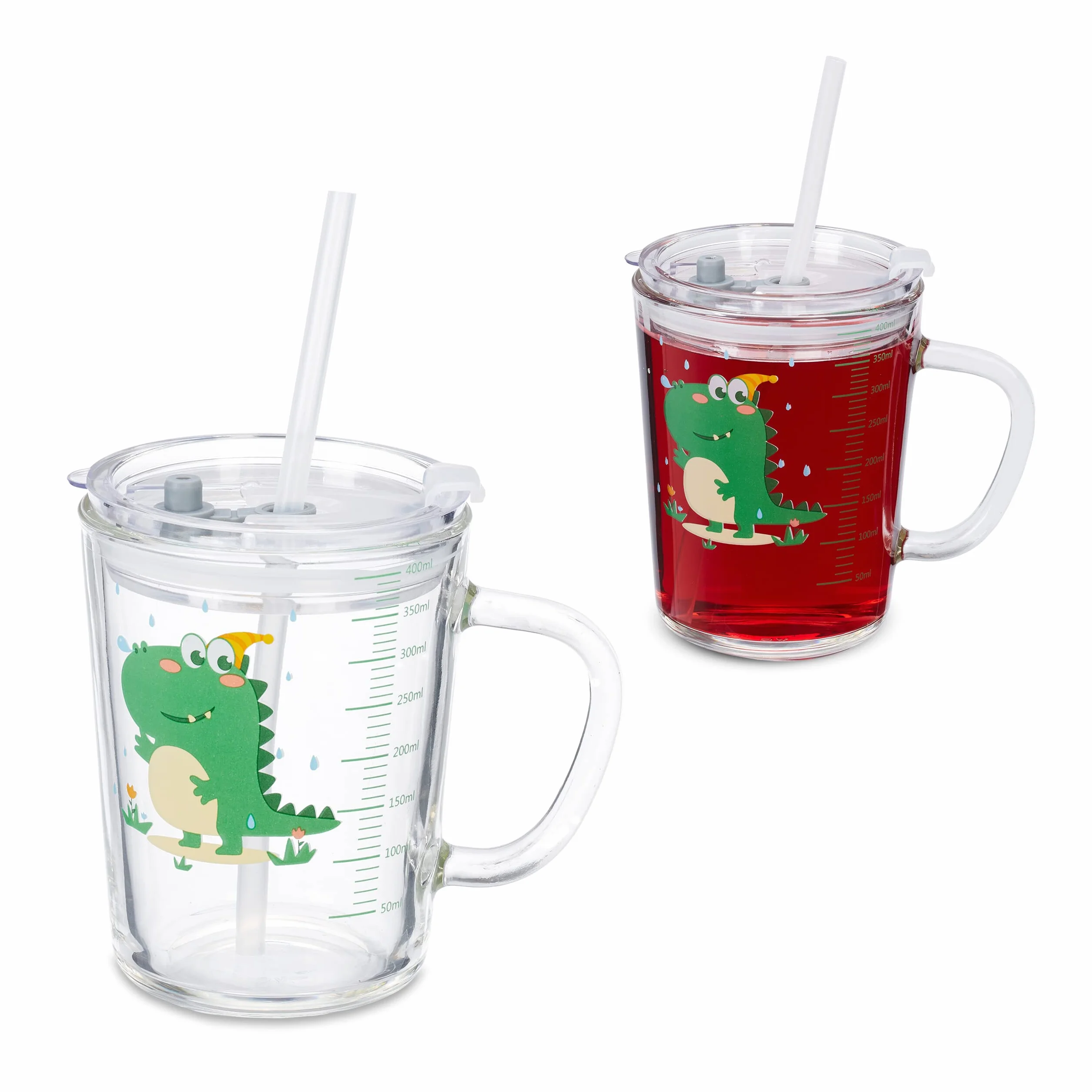 Relaxdays Zestaw 2 szklanek dla dzieci, motyw dinozaura, szklanka do picia dla dzieci, z uchwytem, pokrywką i słomką, skala 400 ml, przezroczyste