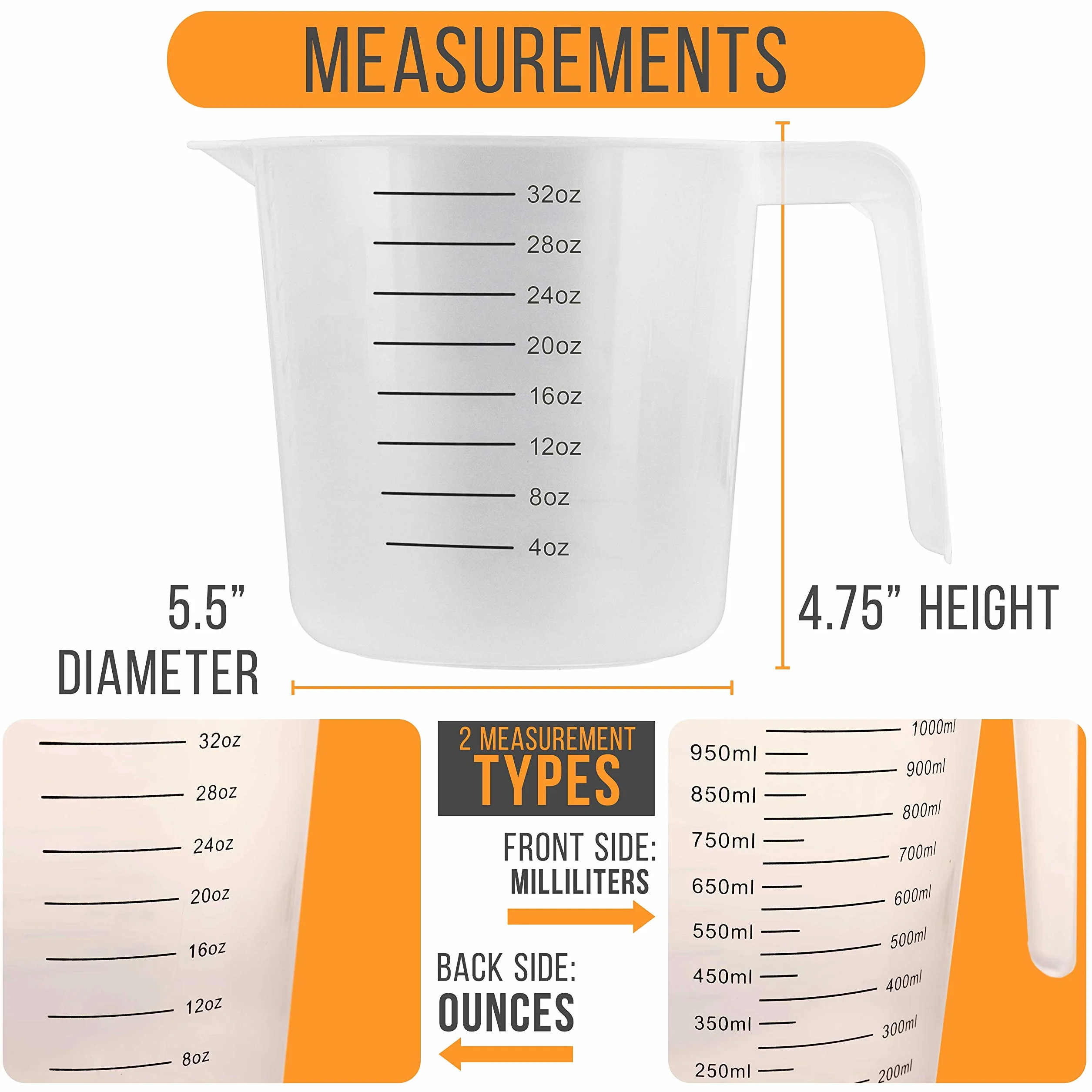 U.S. Kitchen Supply - 1000 ml kubek z miarką z tworzywa sztucznego z uchwytami (6 sztuk) – 4 filiżanki pojemności, uncje i oznaczenia ML Cup – zmierz i mieszaj składniki przepisu, mąkę, wodę