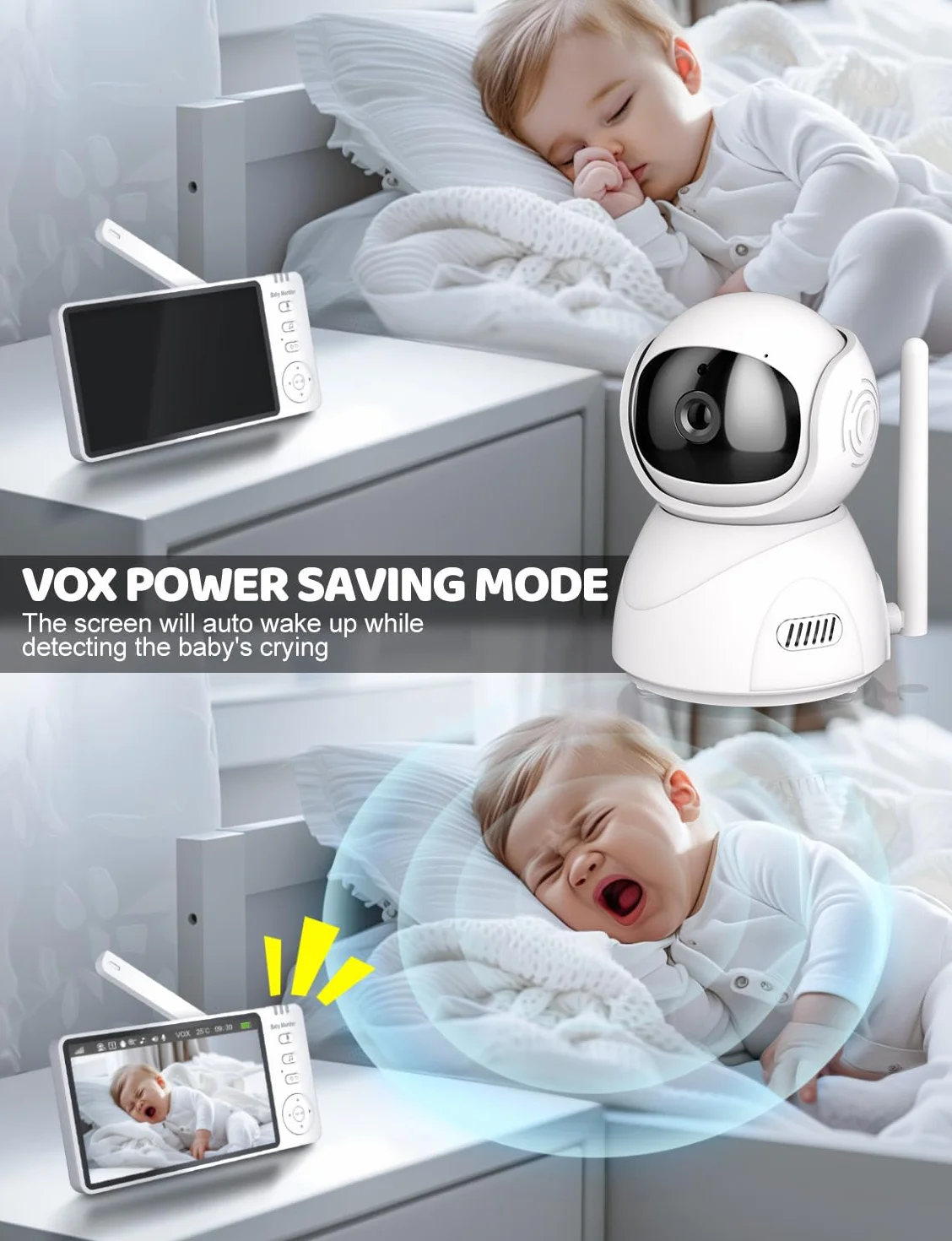 OBVHNUA Baby Monitor 5 sztuk Kamera dla niemowląt Ekran 720P HD Babyphone Wideo Baby Monitor z Pan-Tilt 2X-4X Zoom Wizja nocna VOX Intercom 8 Kołysanek 5 Budzik Temperatura Czas
