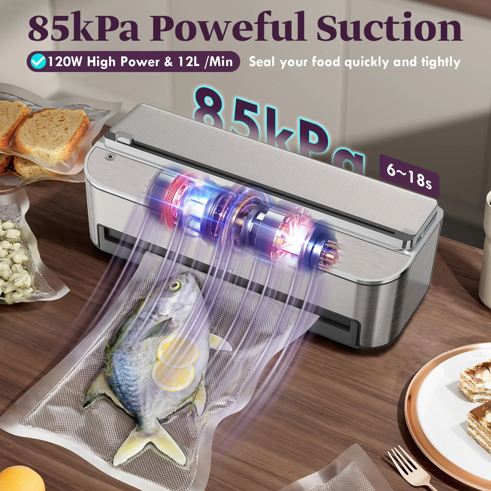 Mesliese 85 kPa, 120 W, automatyczna maszyna próżniowa z przecinakiem folii i pojemnikiem foliowym, maszyna próżniowa do żywności, w zestawie 2 rolki próżniowe (srebrna)
