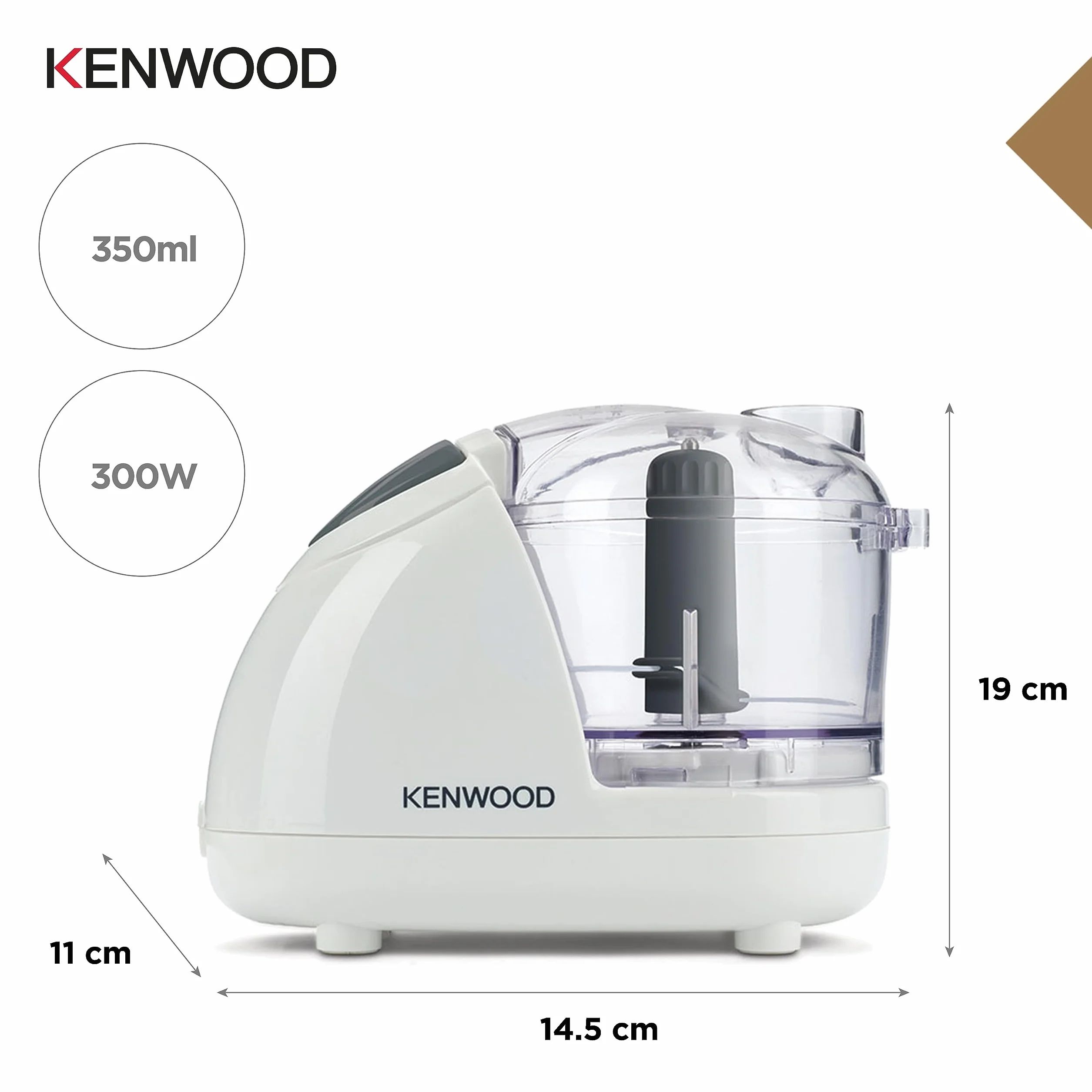 Kenwood CH180B mini rozdrabniacz z podwójnymi ostrzami, miska 0,35 l, napęd ciśnieniowy, 2 prędkości, antypoślizgowe nóżki, specjalna rura wkładająca, 300 W, biała