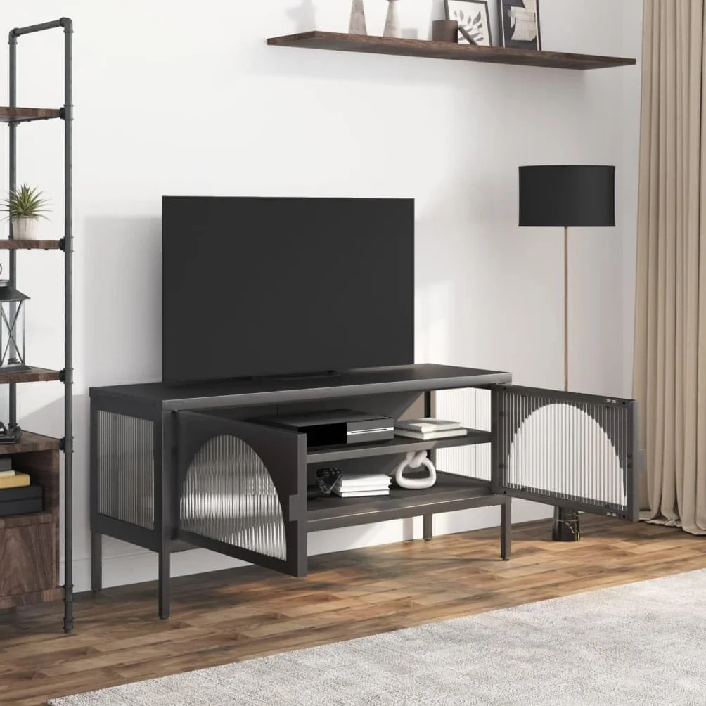Szafka pod telewizor, czarna, 105 x 35 x 50 cm, szkiełko, stal malowana proszkowo, nowoczesna, do salonu, konsola multimedialna