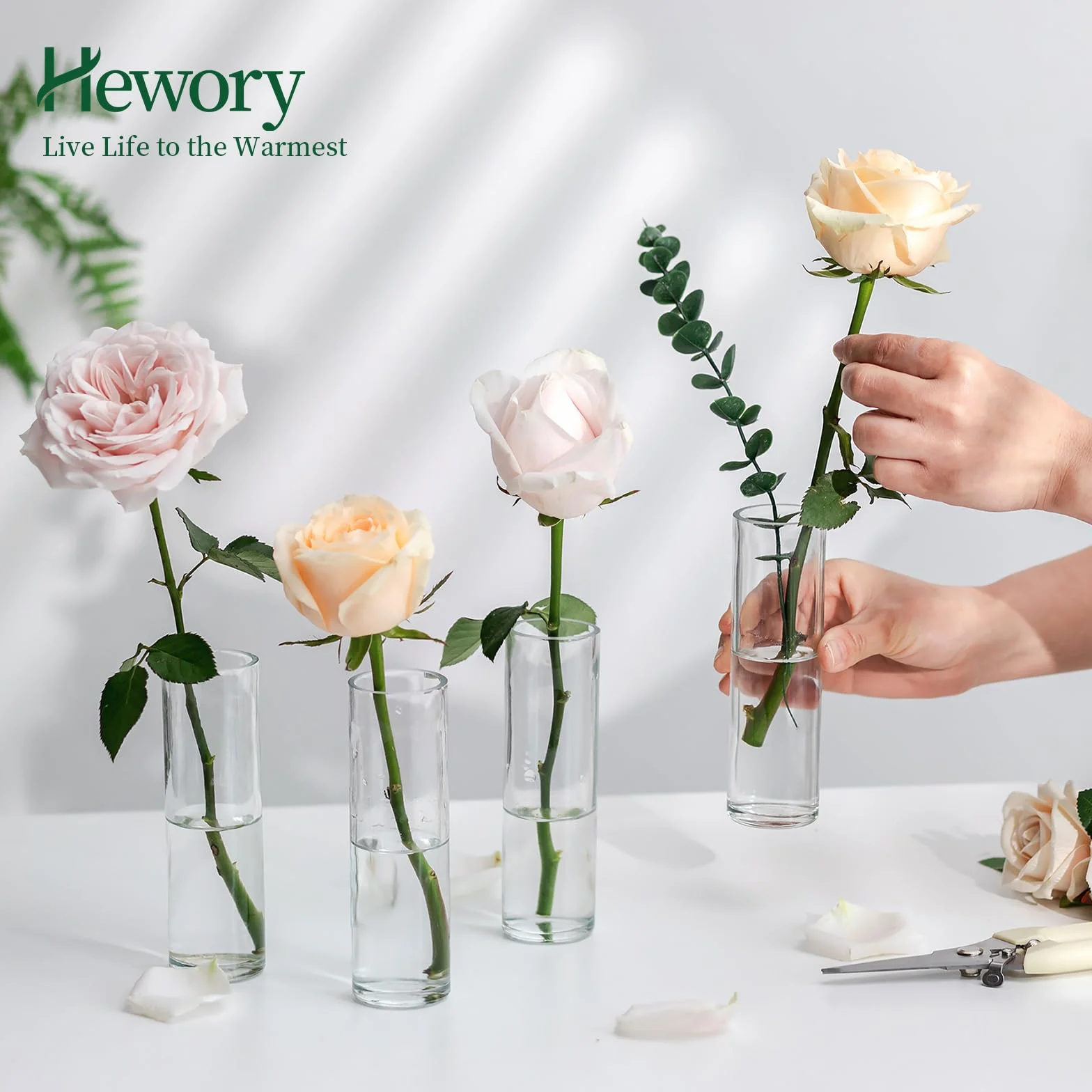 Wazon cylindryczny z wysokim pączkiem: Hewory 12 małych szklanych wazonów do dekoracji stołu weselnego - pojedynczy wazon centralny na stoły, dekoracje na baby shower, przyjęcie urodzinowe