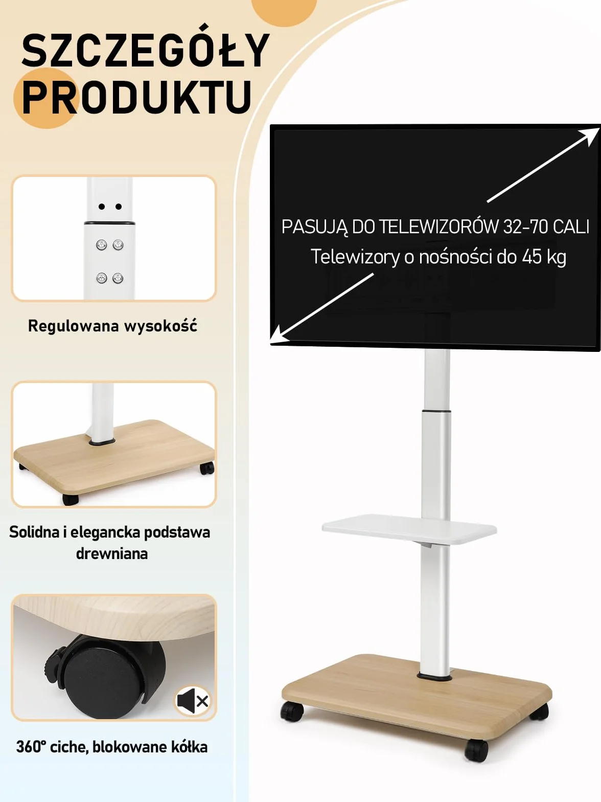 Mobilny stojak na telewizor 32-70 cali LED/LCD/OLED na kółkach do 45 kg