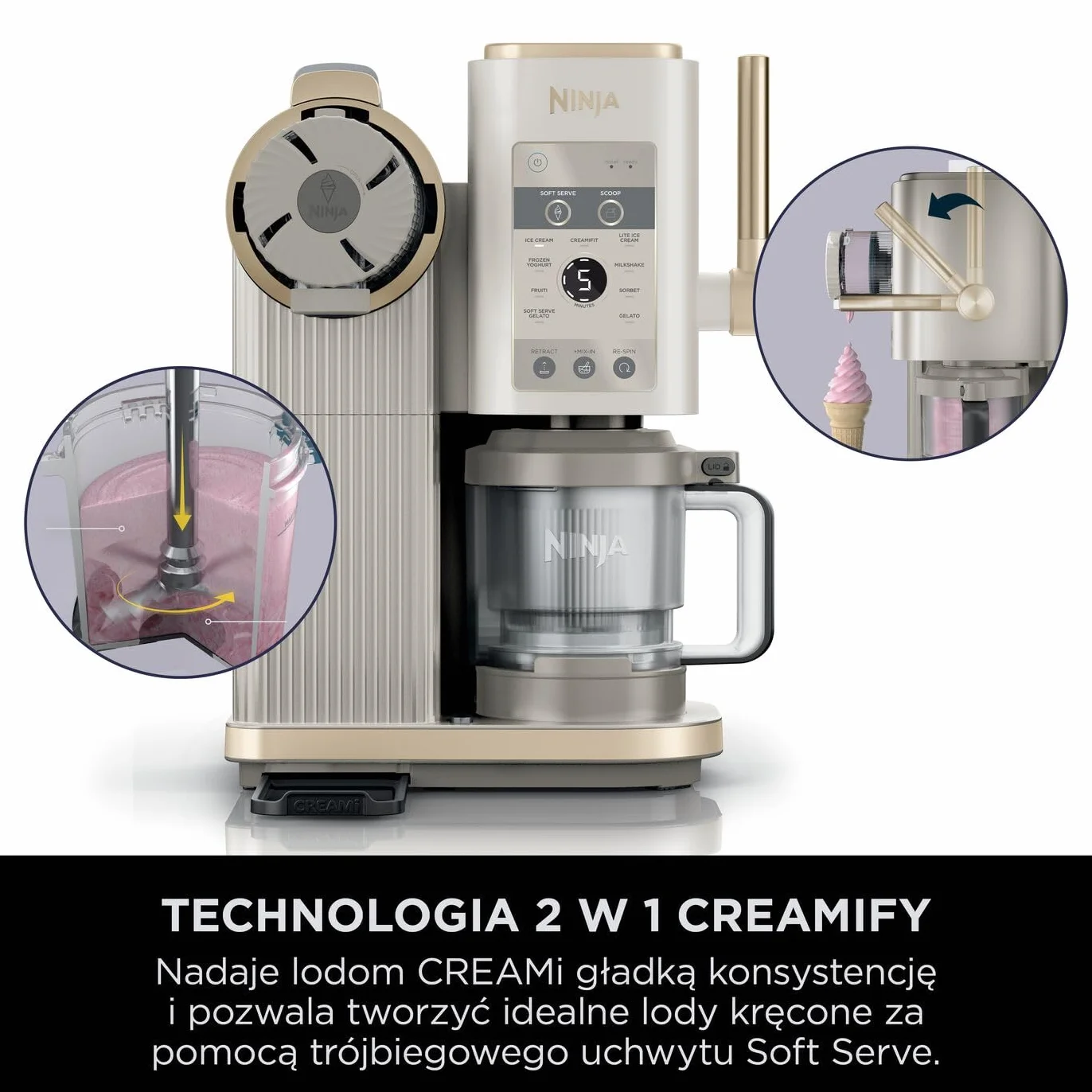 Ninja NC701EUSTGD Maszyna do lodów CREAMi Scoop and Swirl 13 funkcji, 2 pojemniki, kamienne złoto