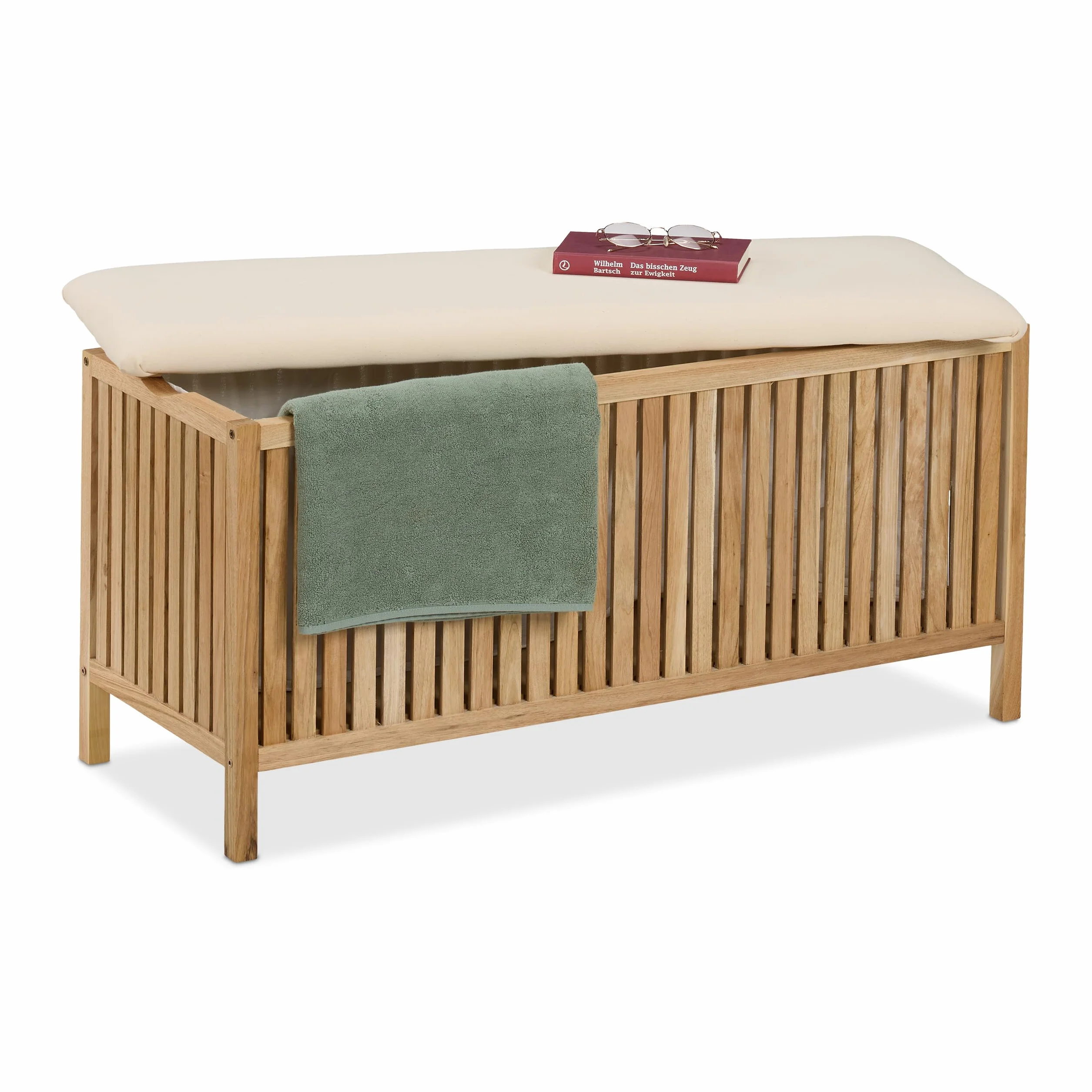 Relaxdays Skrzynia na pranie z siedziskiem, taboret łazienkowy z miejscem do przechowywania, 100 l kosz na pranie, wys. x gł.: 50 x 100 x 38 cm, drewno/tkanina, naturalna/biała