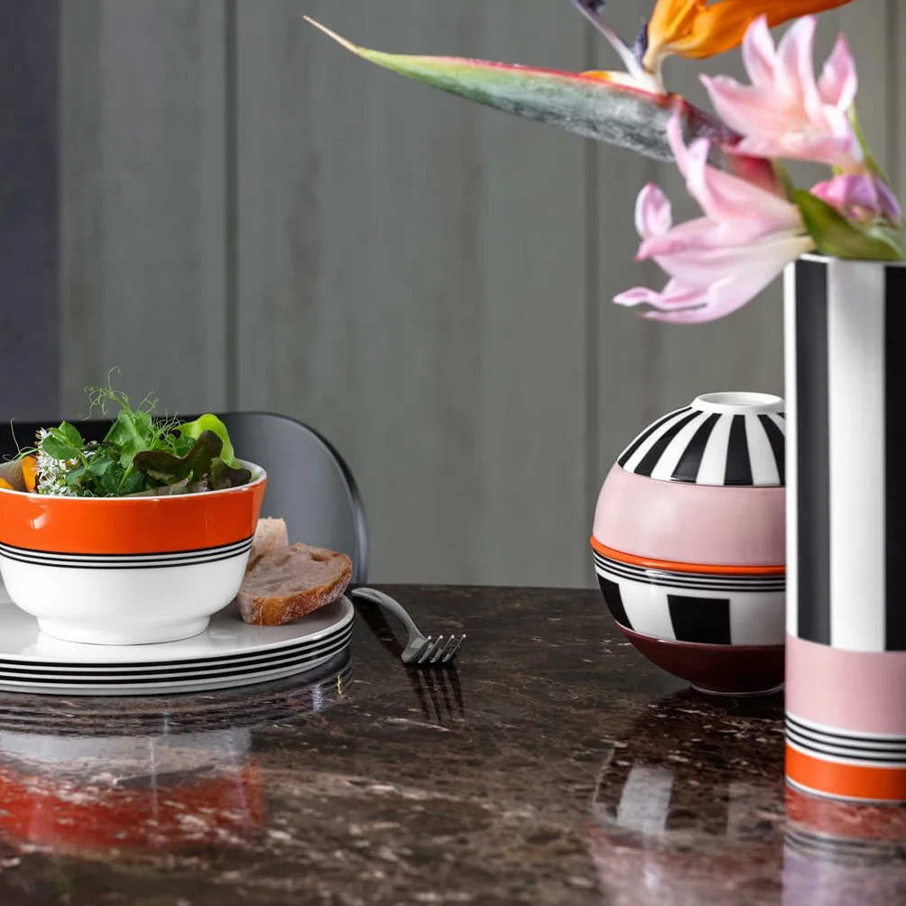 Villeroy & Boch - Memphis Collection talerz płaski 24 cm kolorowy, można myć w zmywarce i używać w mikrofalówce, duży talerz ceramika, talerz obiadowy, różowe i pomarańczowe akcenty, porcelana Premium