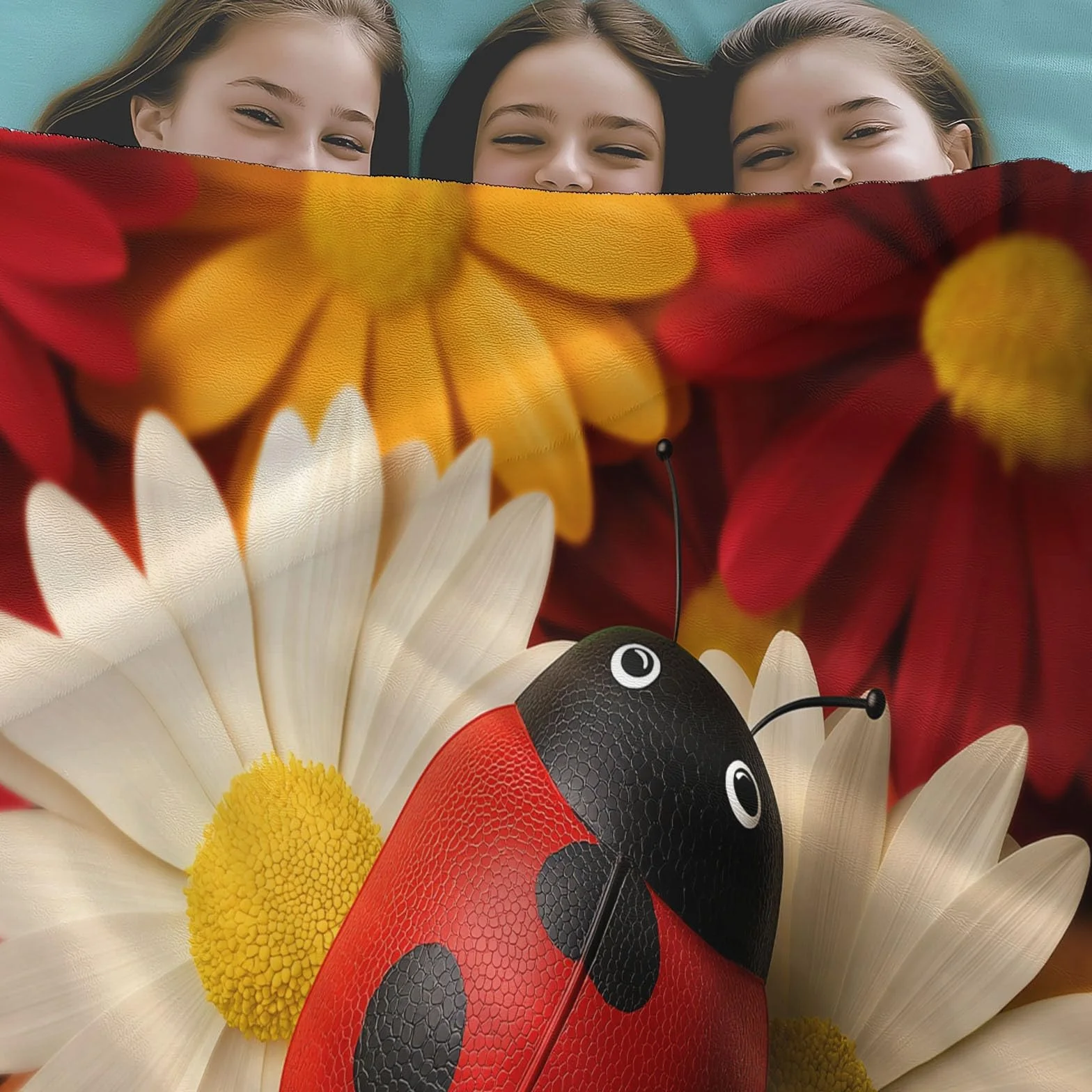 Wielokolorowy, ultramiękki koc flanelowy, narzuta 221 x 239 cm, pluszowy i ciepły, kwiaty 3D, urocze owady, nadruk, lekki koc na łóżko, pościel na sofę, podróż i dla dzieci dorosłych, 220 x 240 cm