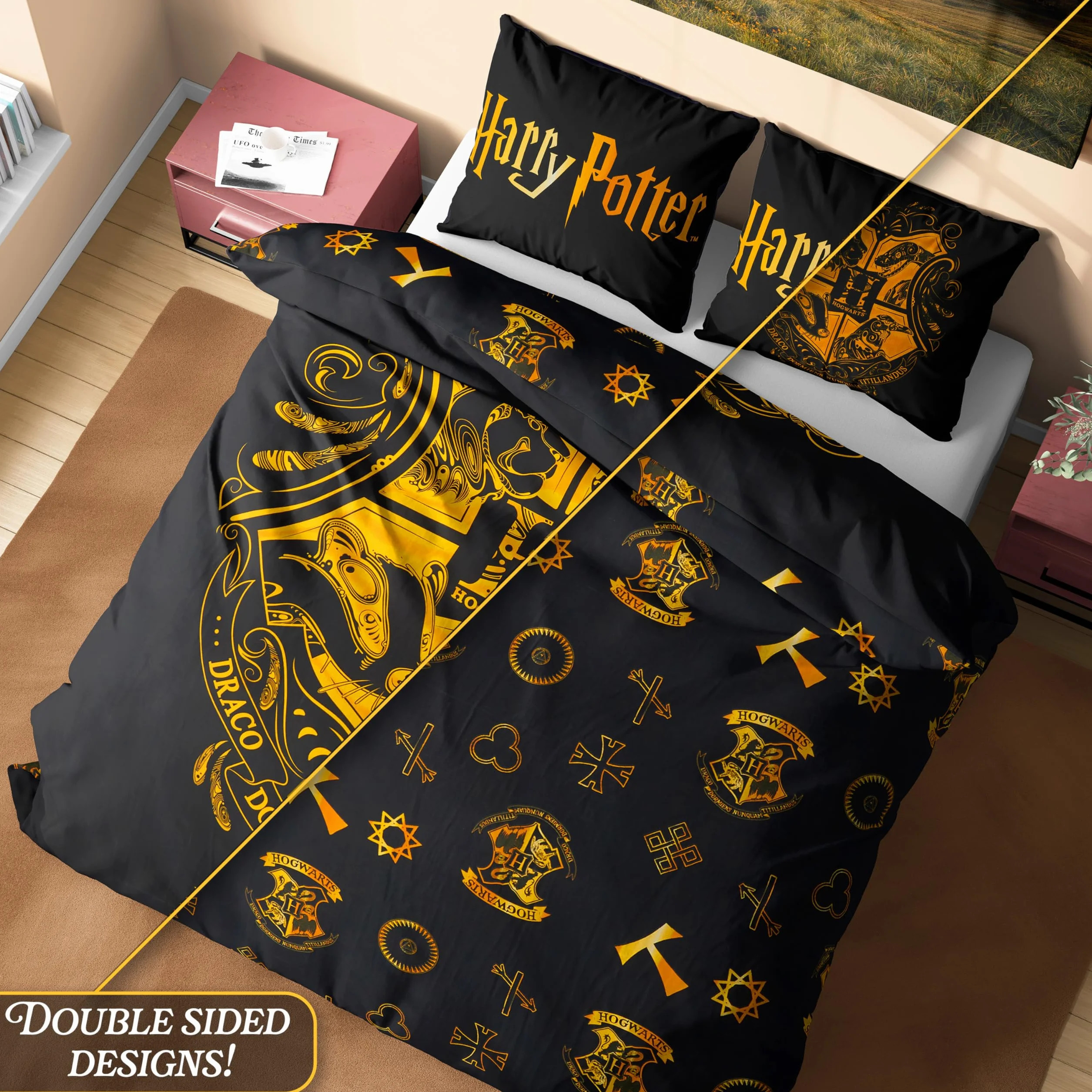 Harry Potter Pościel Zestaw Czarny Podwójny Poszewka na Kołdrę i Poduszkę