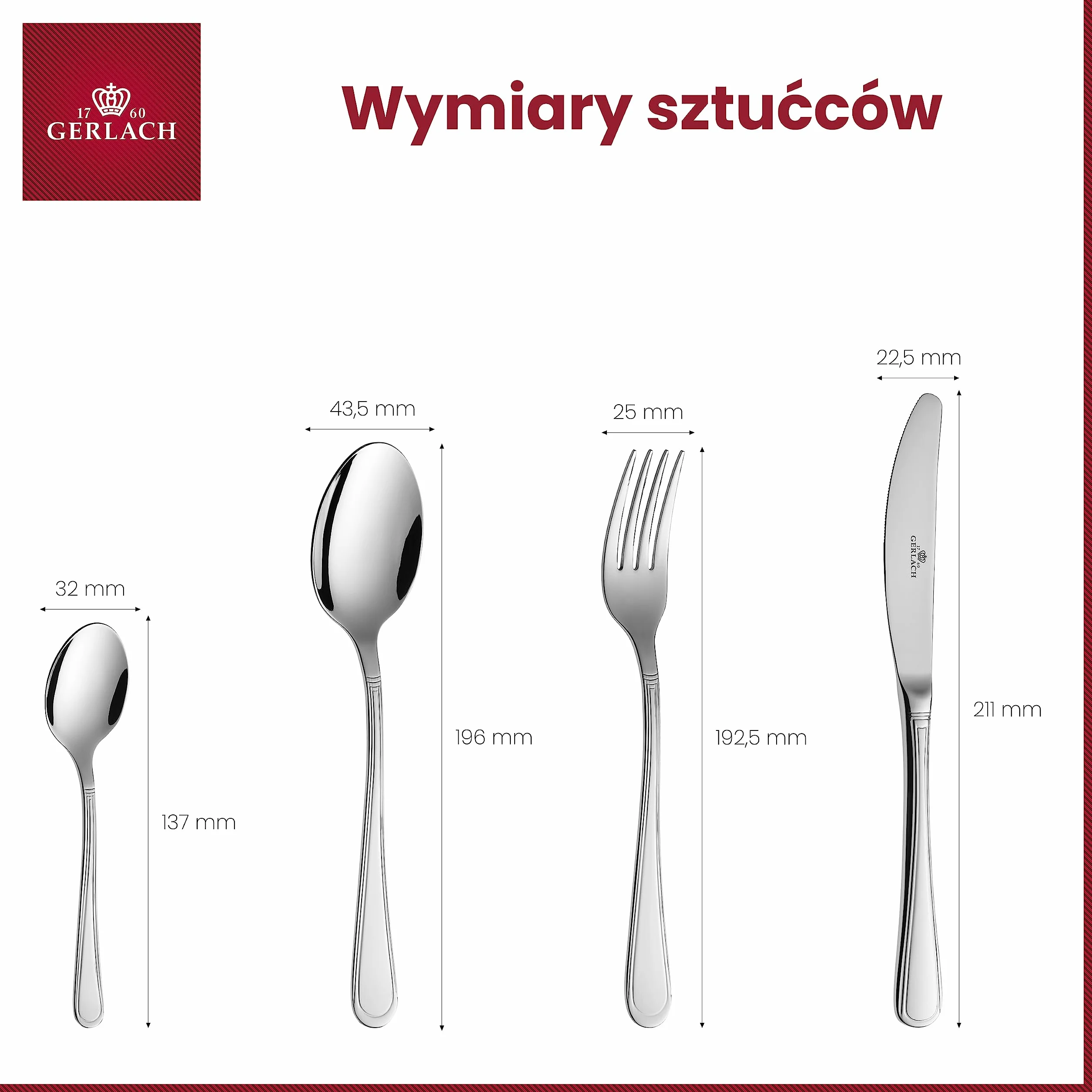 Gerlach Antica Zestaw Sztućców Dla 12 Osób Ze Stali Szlachetnej Nierdzewny Komplet Łyżka Widelec Nóż Obiadowy Łyżeczka Widelczyk Łopatka do Tortu Łyżka do Sałaty Do Zmywarki Połysk 68 El
