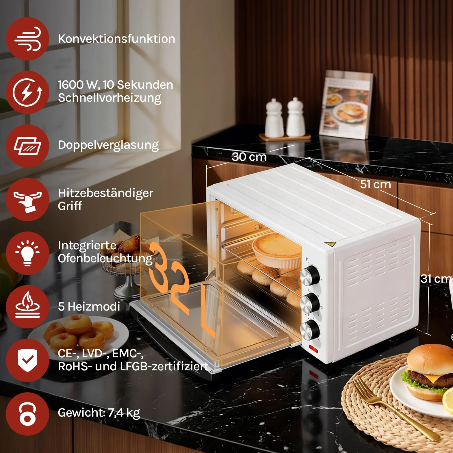 WOLTU mini piekarnik 32 litry, toster 1600 Watt | Piec do pizzy | Wyjmowana tacka na okruchy z minipiekarnikiem z timerem do pizzy, tostów, indyka, hot-dogów, biała