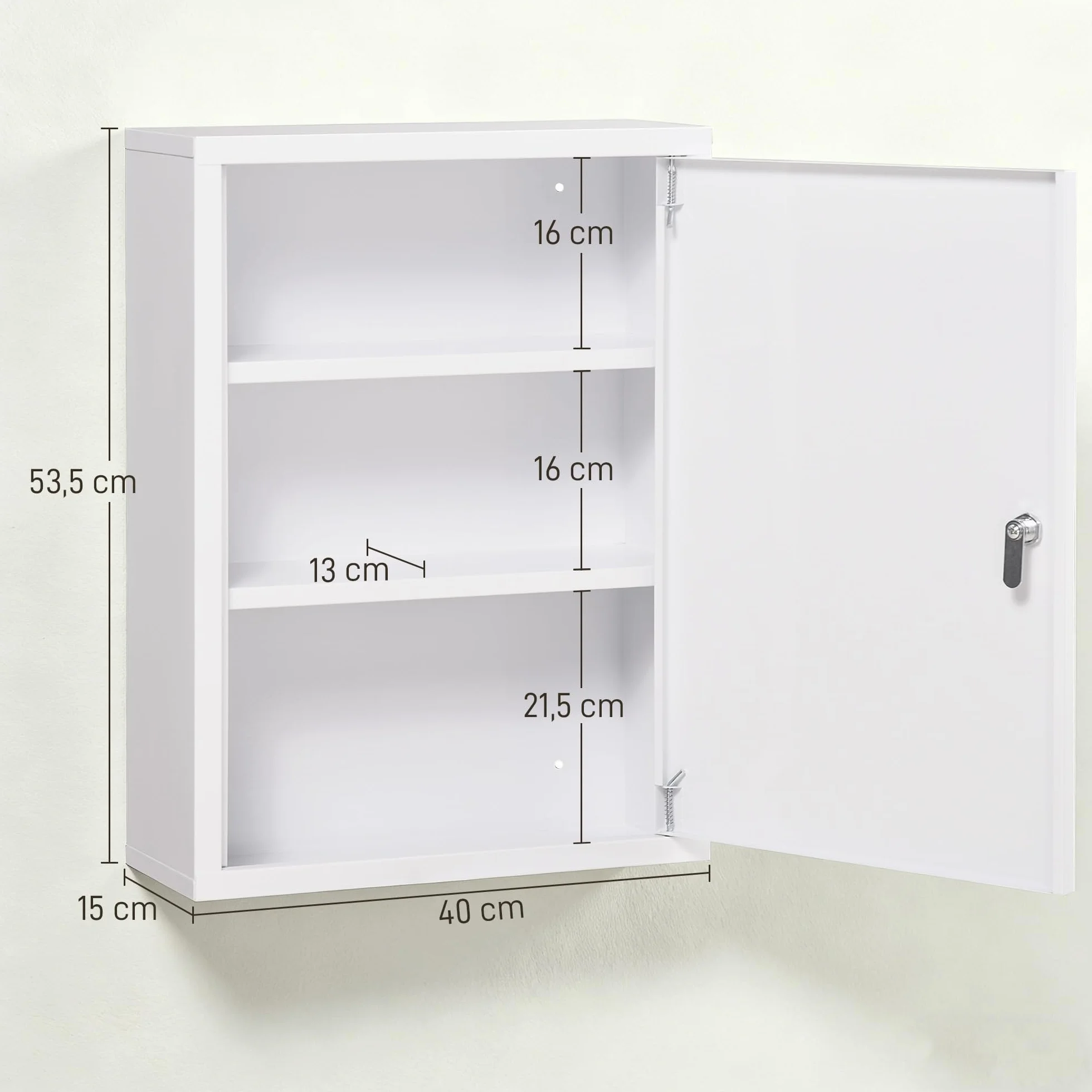 kleankin Szafka lekarska, apteczka z 3 przegródkami, szafka na lekarstwa, zamykana szafka pierwszej pomocy z 2 kluczami, stal, biała, 40 x 15 x 53,5 cm